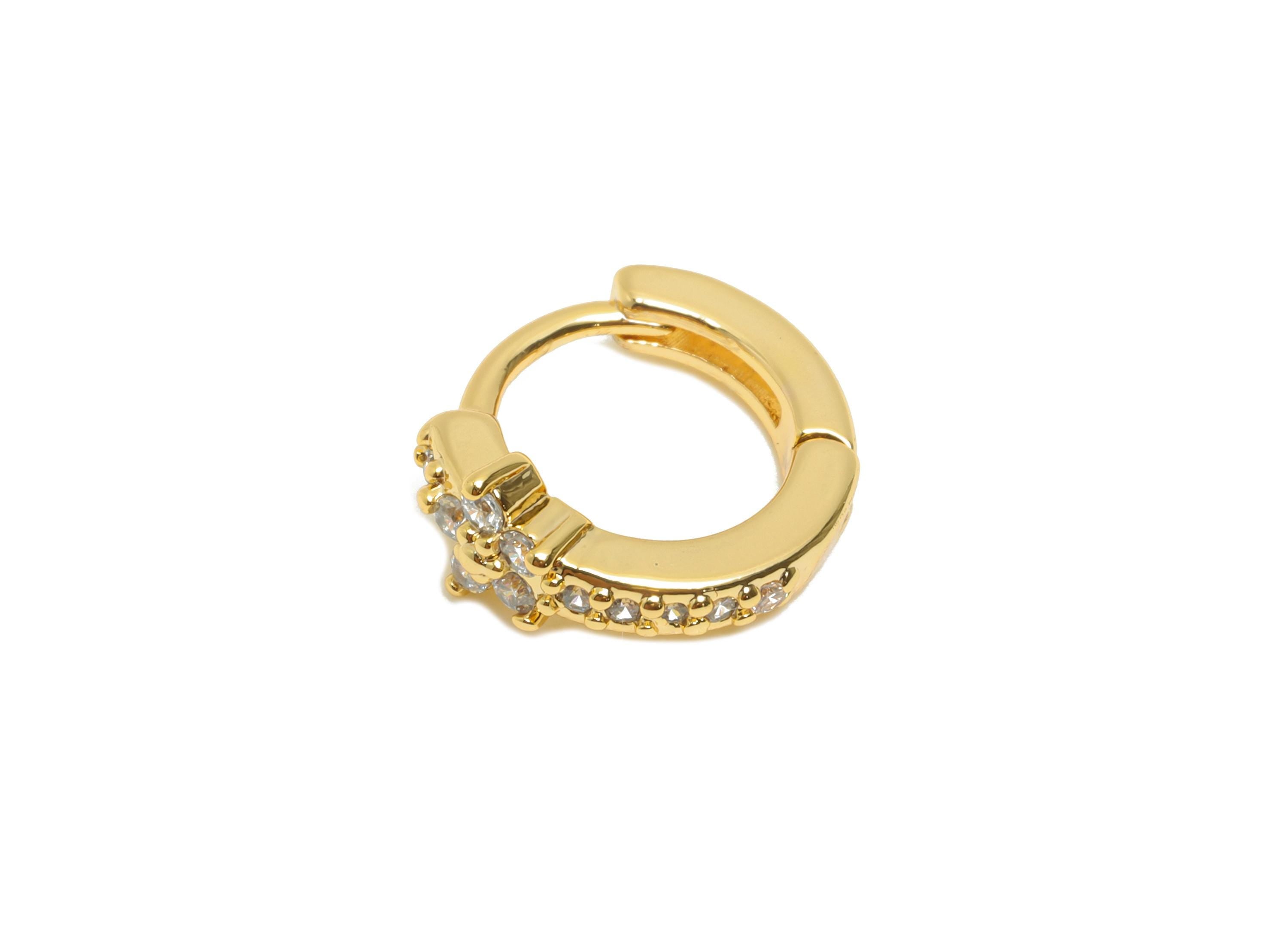 Brass CZ Floral Huggie Hoop Earring - Mini Brass Flower Zircon Earring - Everyday Wear - 18K Real Gold Plated - 10.48x9.43x4mm - RGP10852 - DOMEDBAZAAR