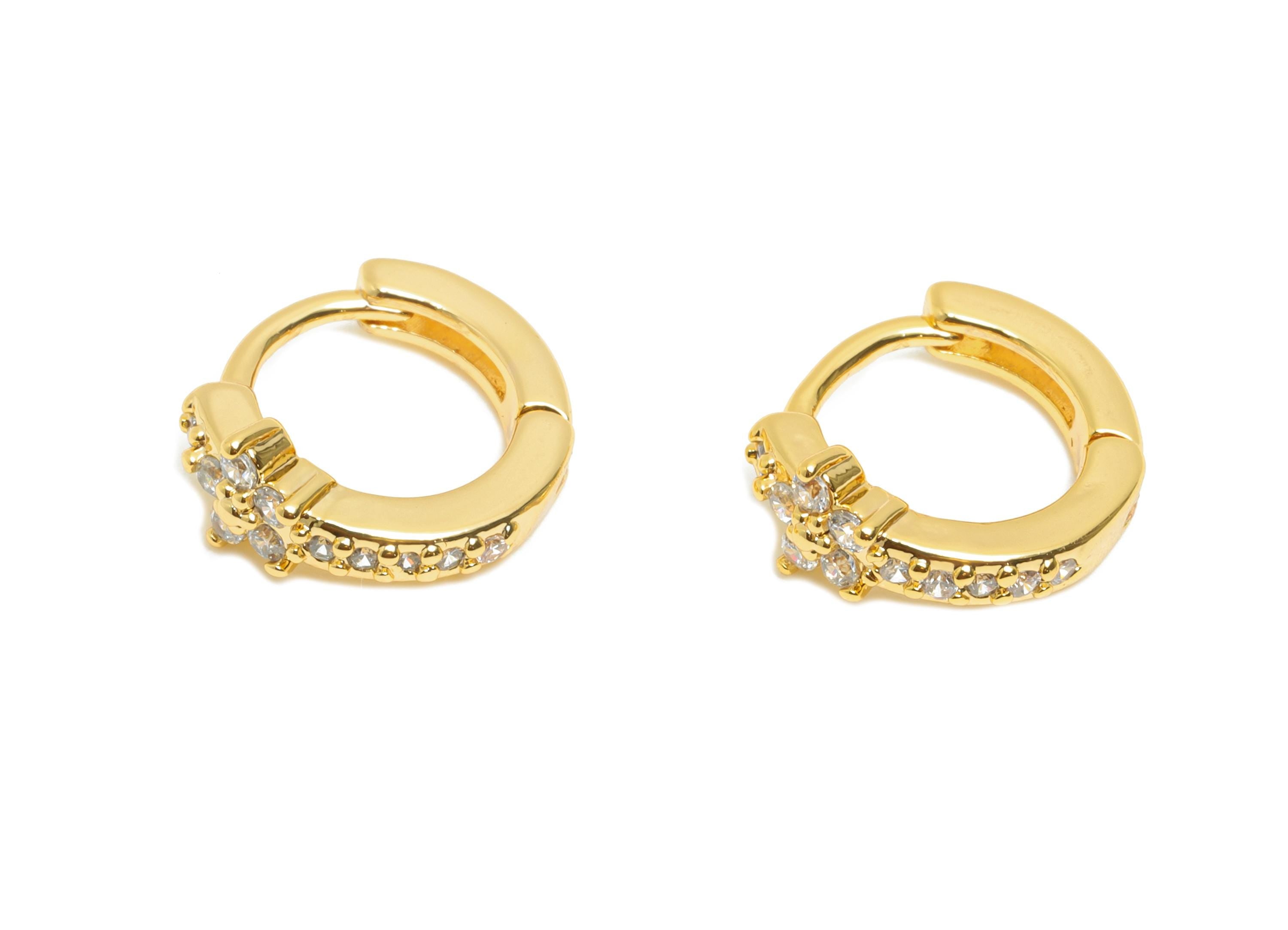 Brass CZ Floral Huggie Hoop Earring - Mini Brass Flower Zircon Earring - Everyday Wear - 18K Real Gold Plated - 10.48x9.43x4mm - RGP10852 - DOMEDBAZAAR