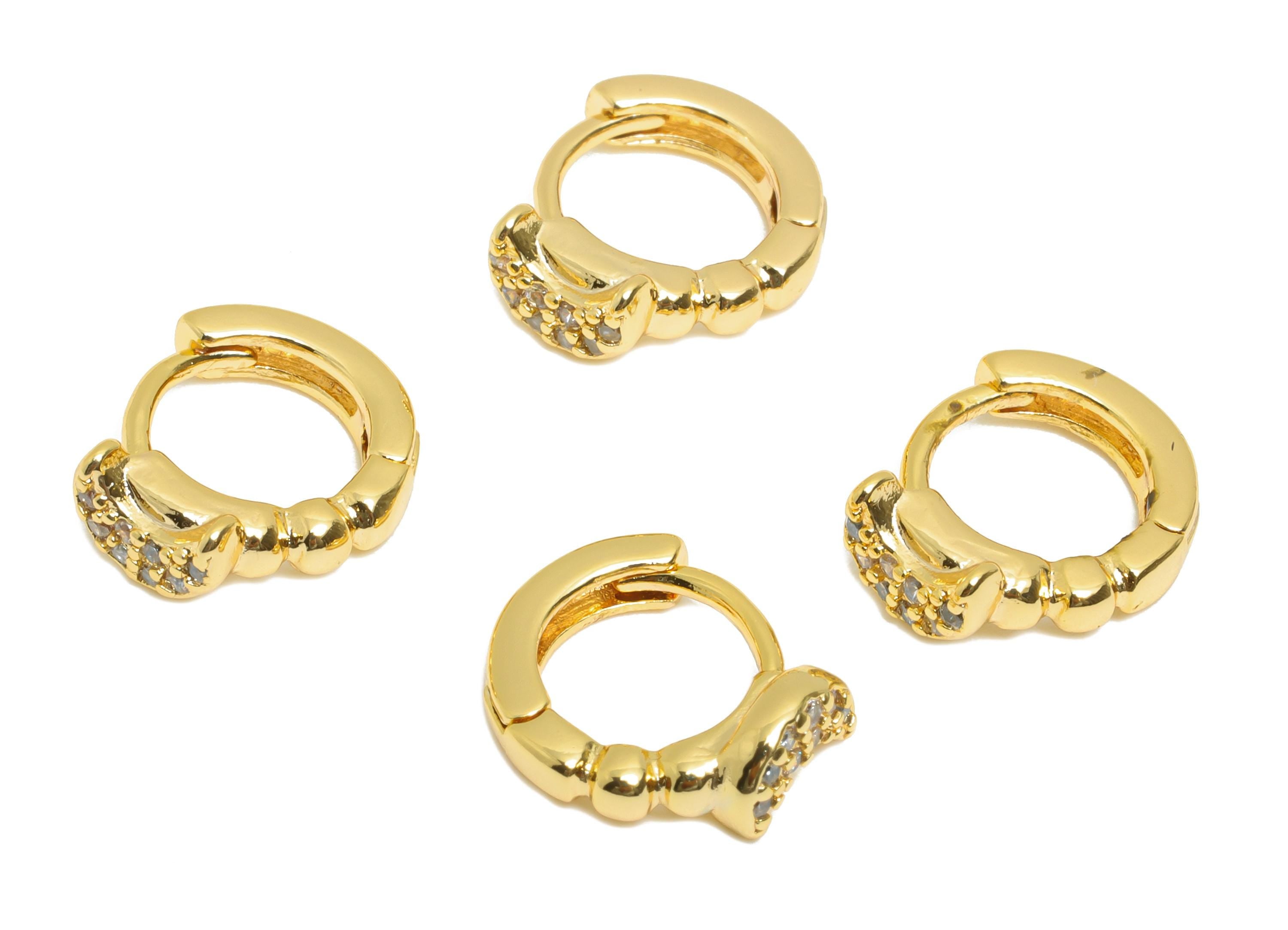 Brass CZ Huggie Hoop Earring - Brass Celestial Crescent Earring - Zircon Huggie Hoop Clasp - 18K Real Gold Plated - 10.9x9x3.8mm - RGP10920