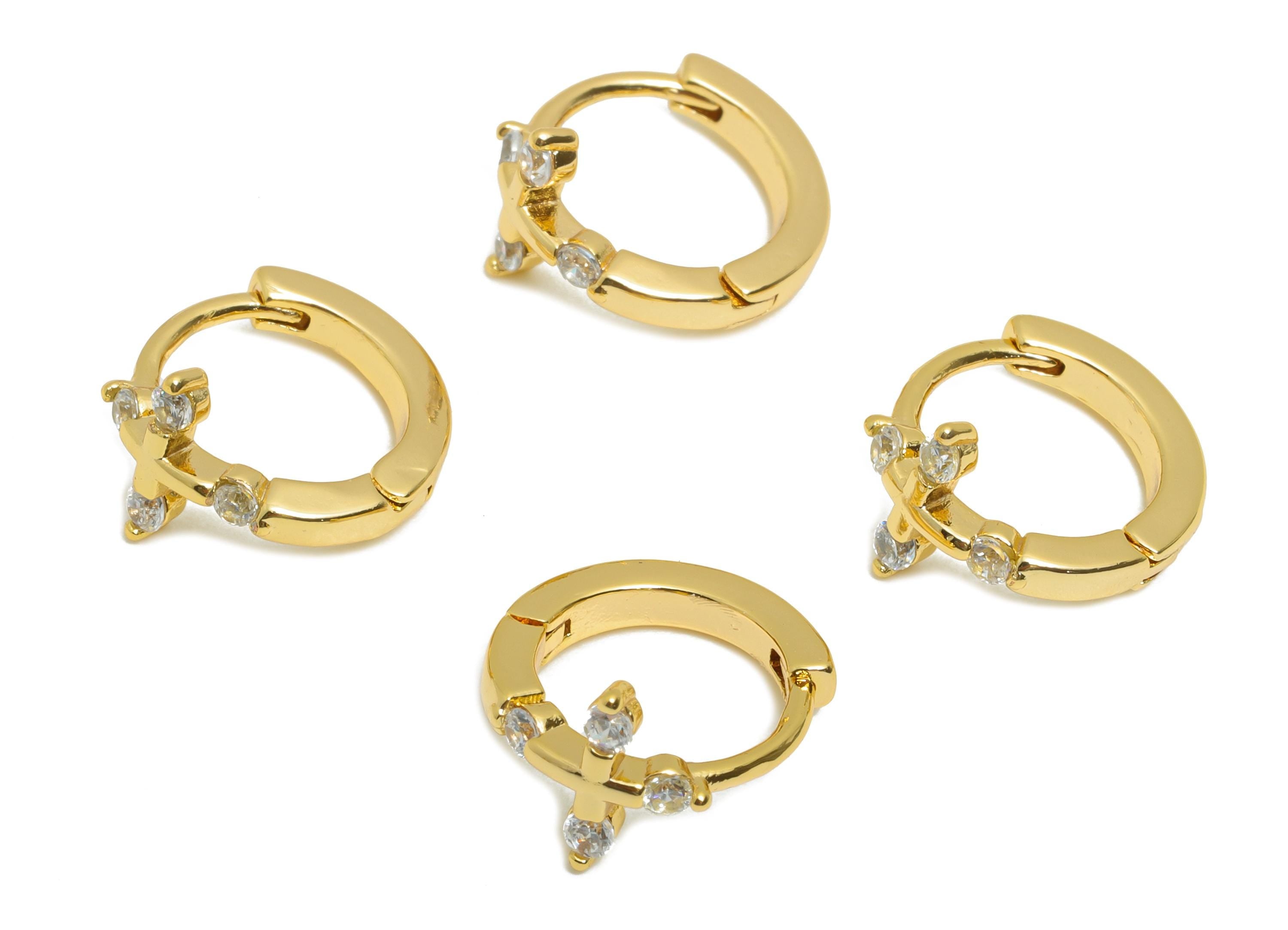 Brass CZ Cross Huggie Hoop Earring - Brass Zircon Earrings - Statement Huggie Hoop Clasp - 18K Real Gold Plated - 11.7x10.75x7mm - RGP10912 - DOMEDBAZAAR
