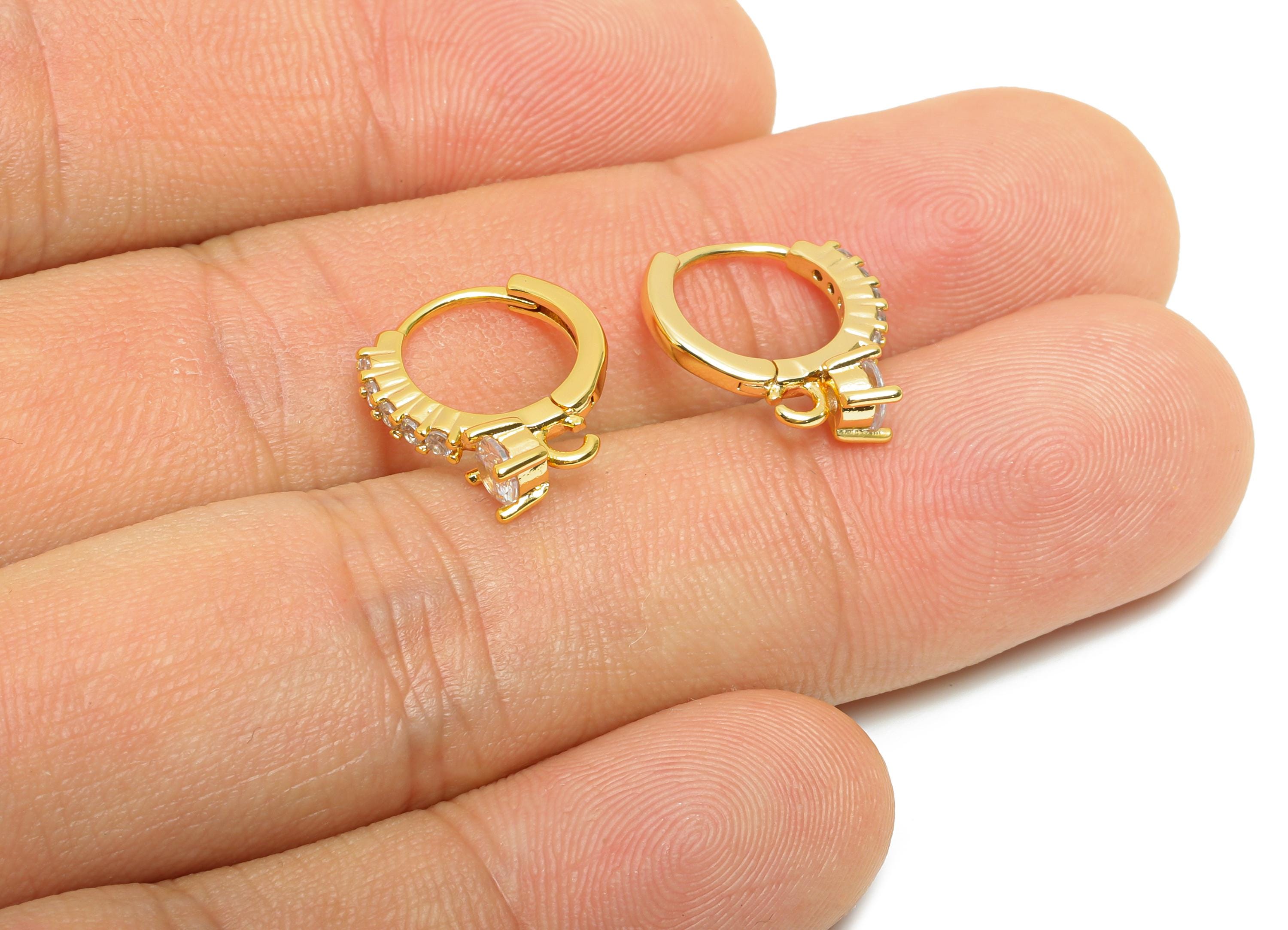 Brass CZ Round Huggie Hoop Earring - Brass Zircon Earring with Loop - Dainty Huggie Hoop Clasp - 18K Real Gold Plated - 14x13x3mm - RGP10941 - DOMEDBAZAAR
