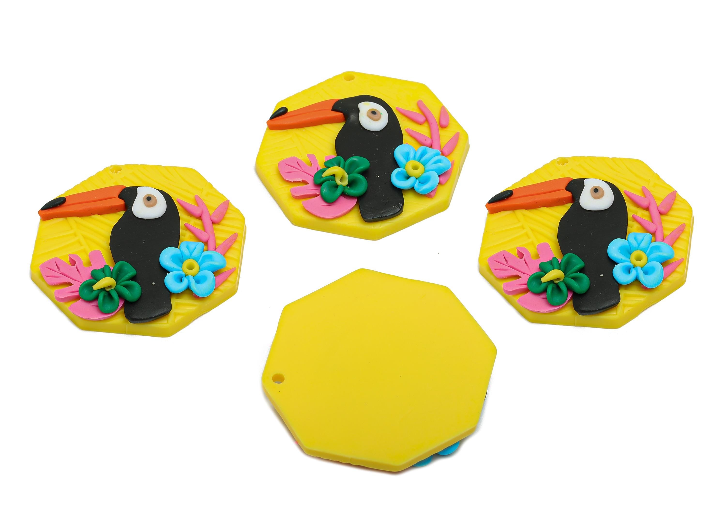 Polymer Clay Toucan Pendant - Artisan 3D Flower Charm - Bright Summer Colorful Toucan Accessory - DIY Craft Jewelry - 32x24x9.65mm - PC2342 - DOMEDBAZAAR