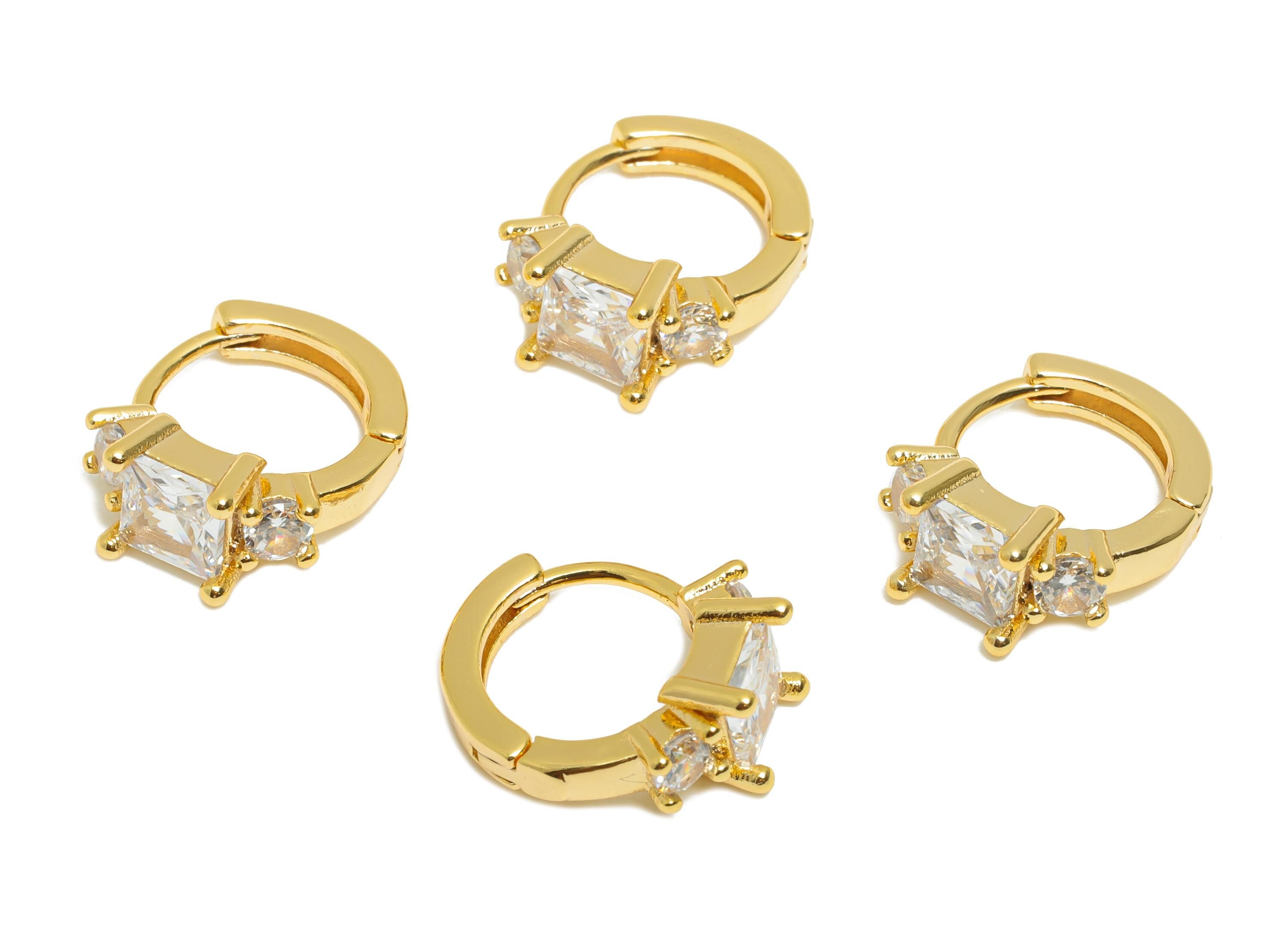 Brass CZ Huggie Hoop Earring - Brass Square Zircon Earring - Modern Huggie Hoop Clasp - 18K Real Gold Plated - 12.22x9.9x5mm - RGP10926 - DOMEDBAZAAR