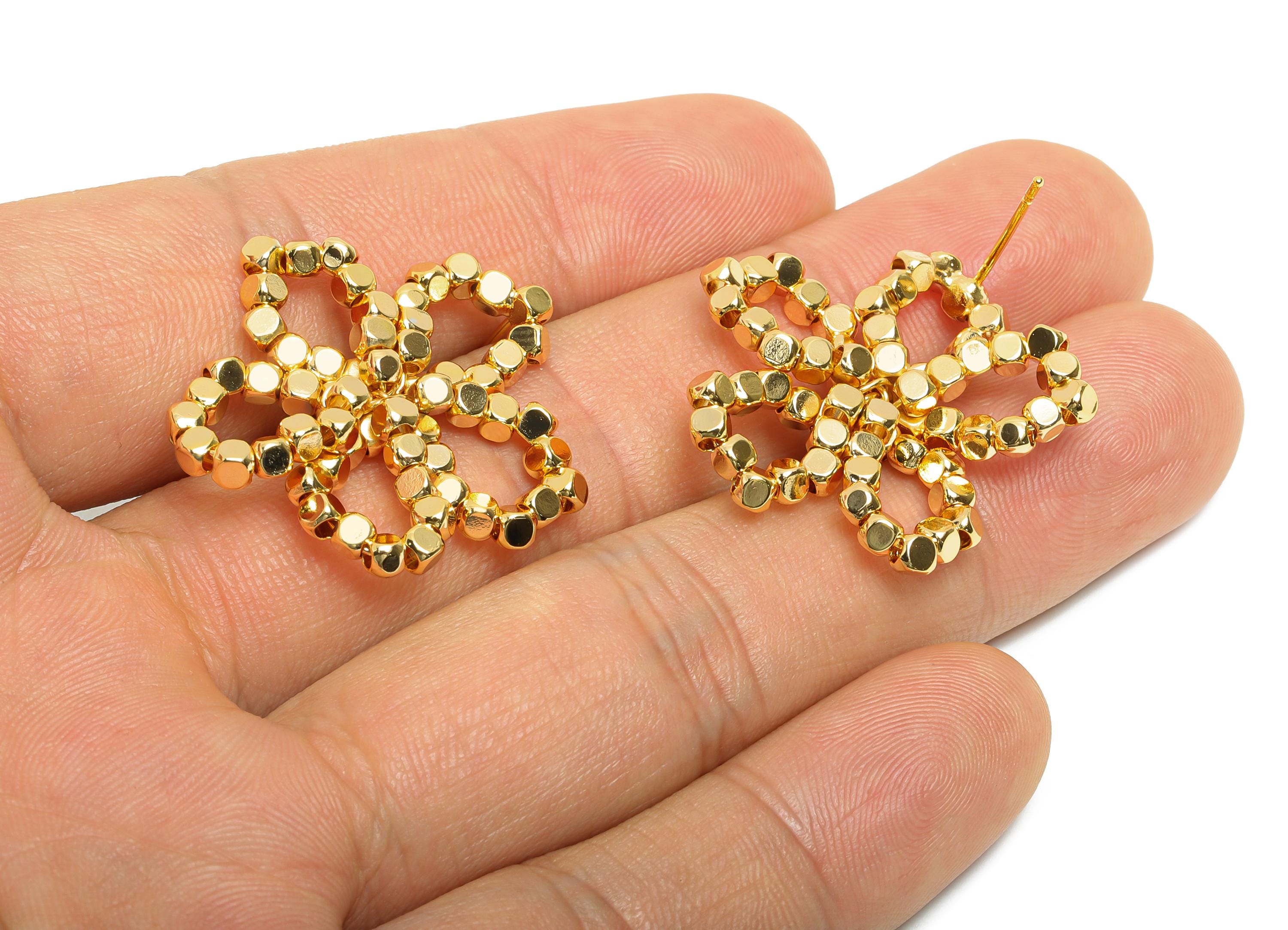 Brass Beaded Floral Earring Post - Brass Bold Flower Earring - Bead Weaving Boho Earring Stud - 18K Real Gold Plating - 41x31x2mm - RGP10801 - DOMEDBAZAAR