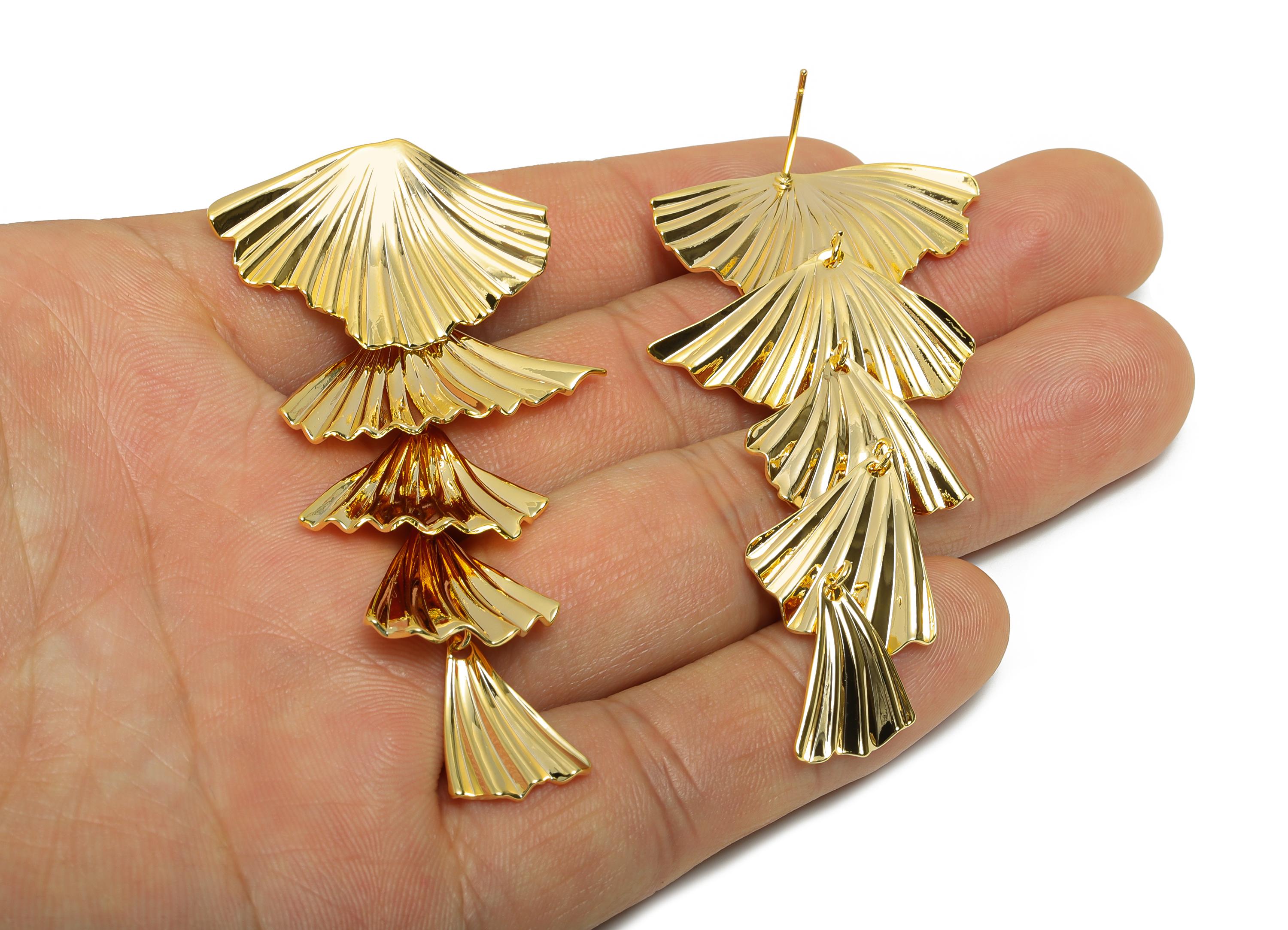 Brass Fan Earring Post - Layered Fan Drop Earring Stud - Elegant Fan Earrings for Women - 18K Real Gold Plating - 67x30x1mm - RGP10431 - DOMEDBAZAAR