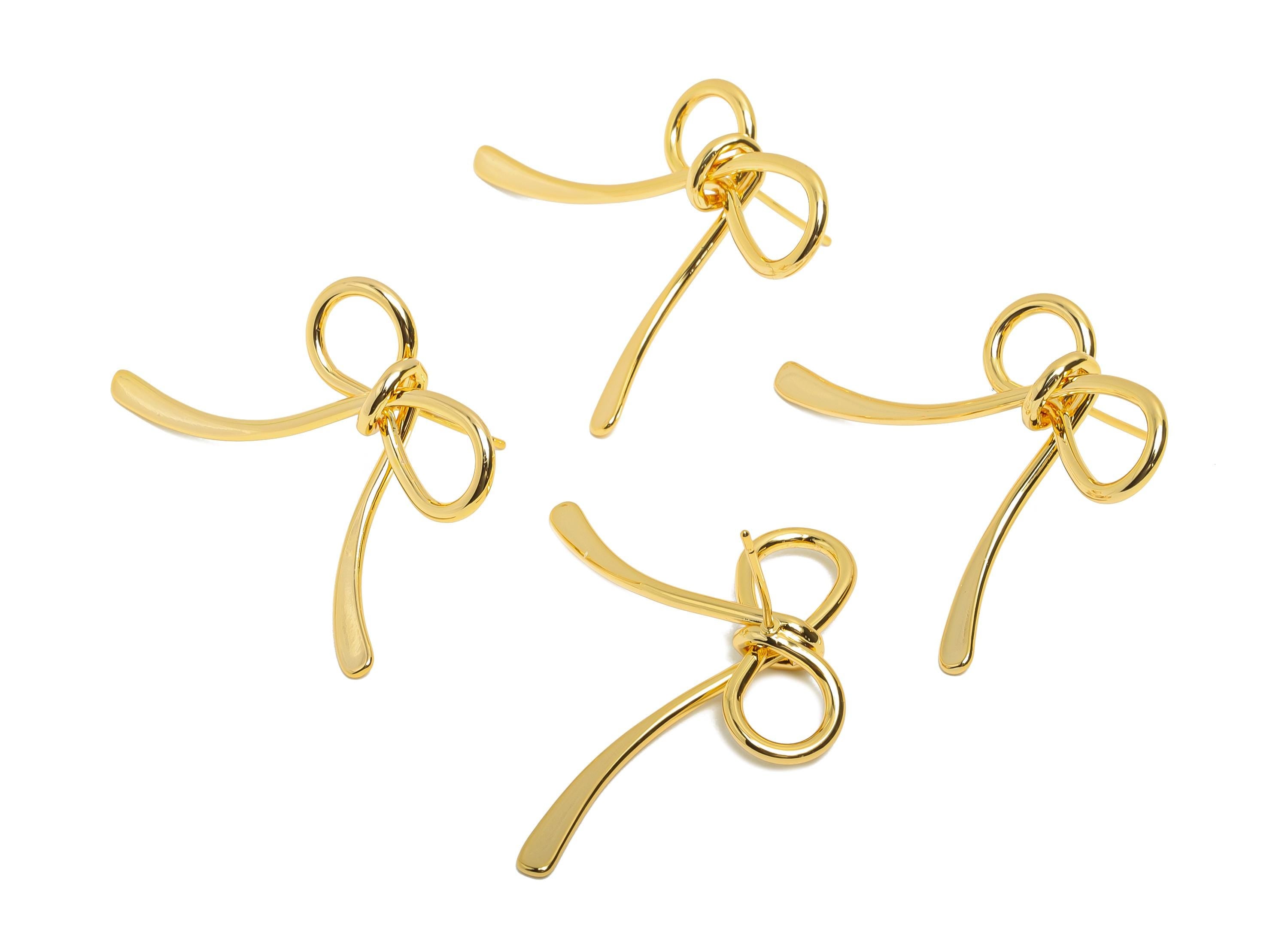 Brass Bow Earring Post - Ribbon Stud Earring - Hammered Wire Earring Stud - Gift for Her Jewelry - 18K Real Gold Plating -41x31x2mm-RGP10802 - DOMEDBAZAAR