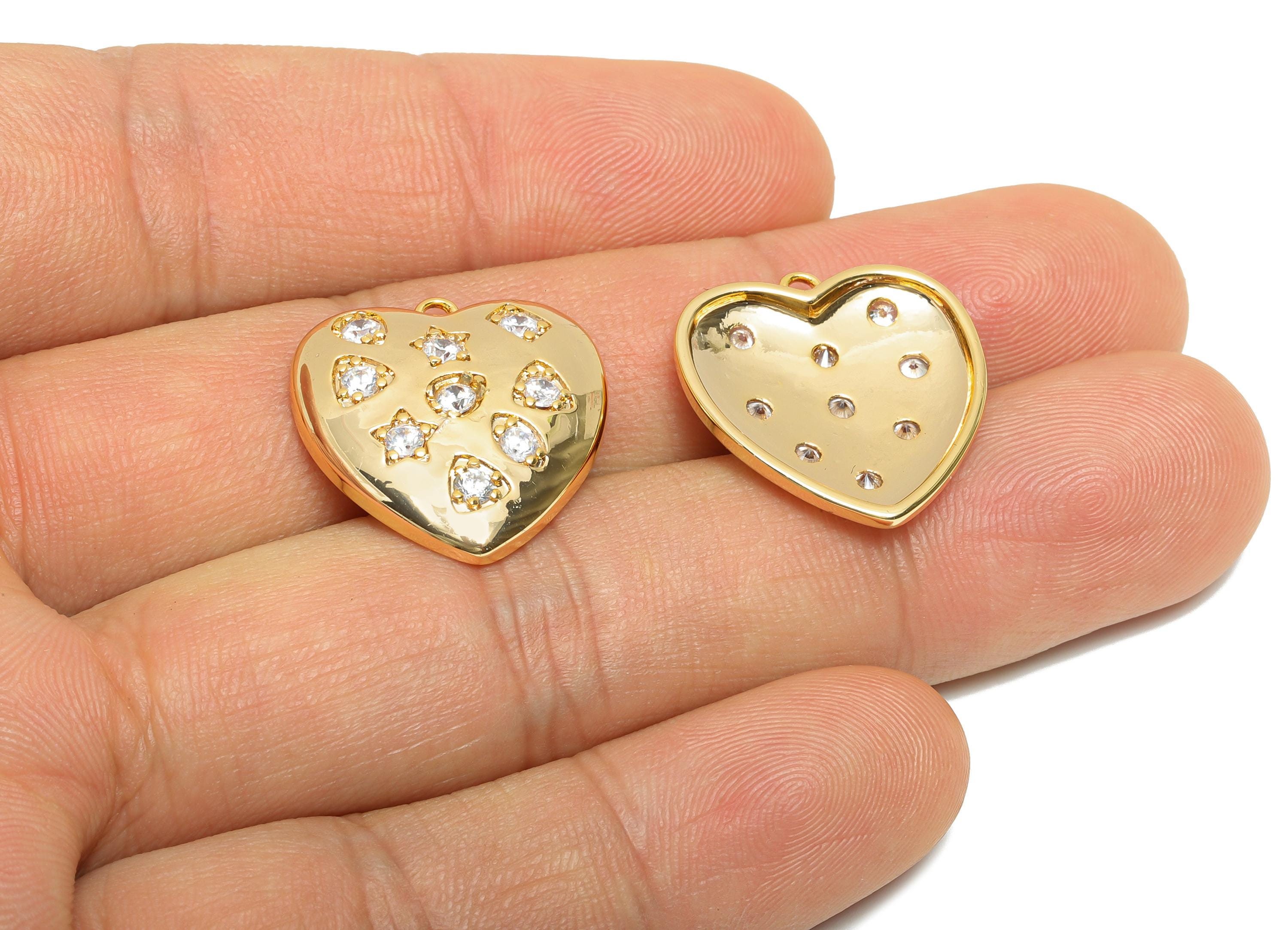 Brass Heart Pendant - Brass Star Zircon Necklace Charm - DIY Jewelry Heart Charm for Bracelet - 18K Real Gold Plating - 19x16x2mm -RGP10957 - DOMEDBAZAAR
