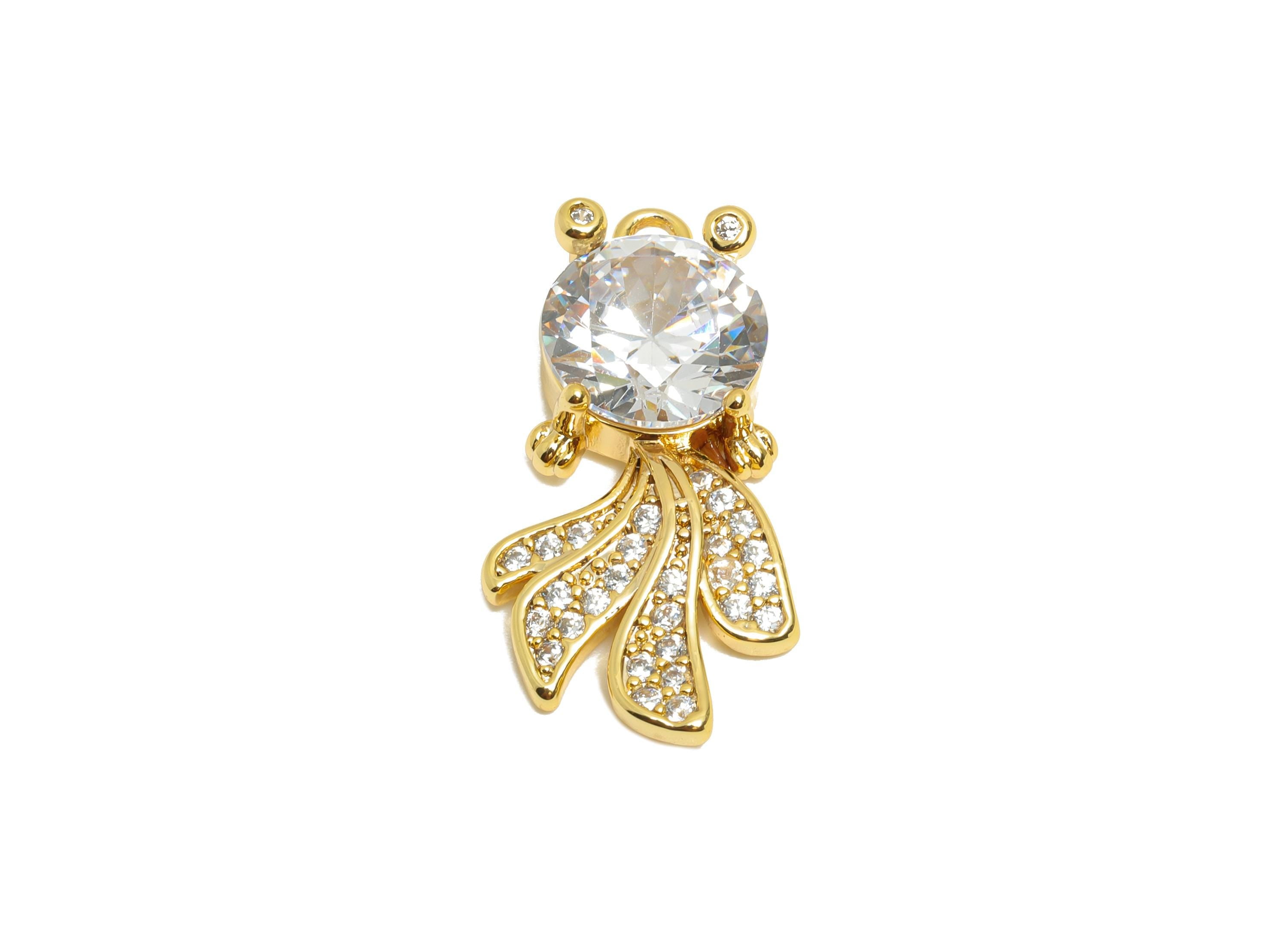 Brass Fish CZ Pendant - Brass Cubic Zircon Marine Life Charm - Sparkling Luxury Necklace Charm - 18K Real Gold Plating - 21x11x4mm -RGP10960 - DOMEDBAZAAR