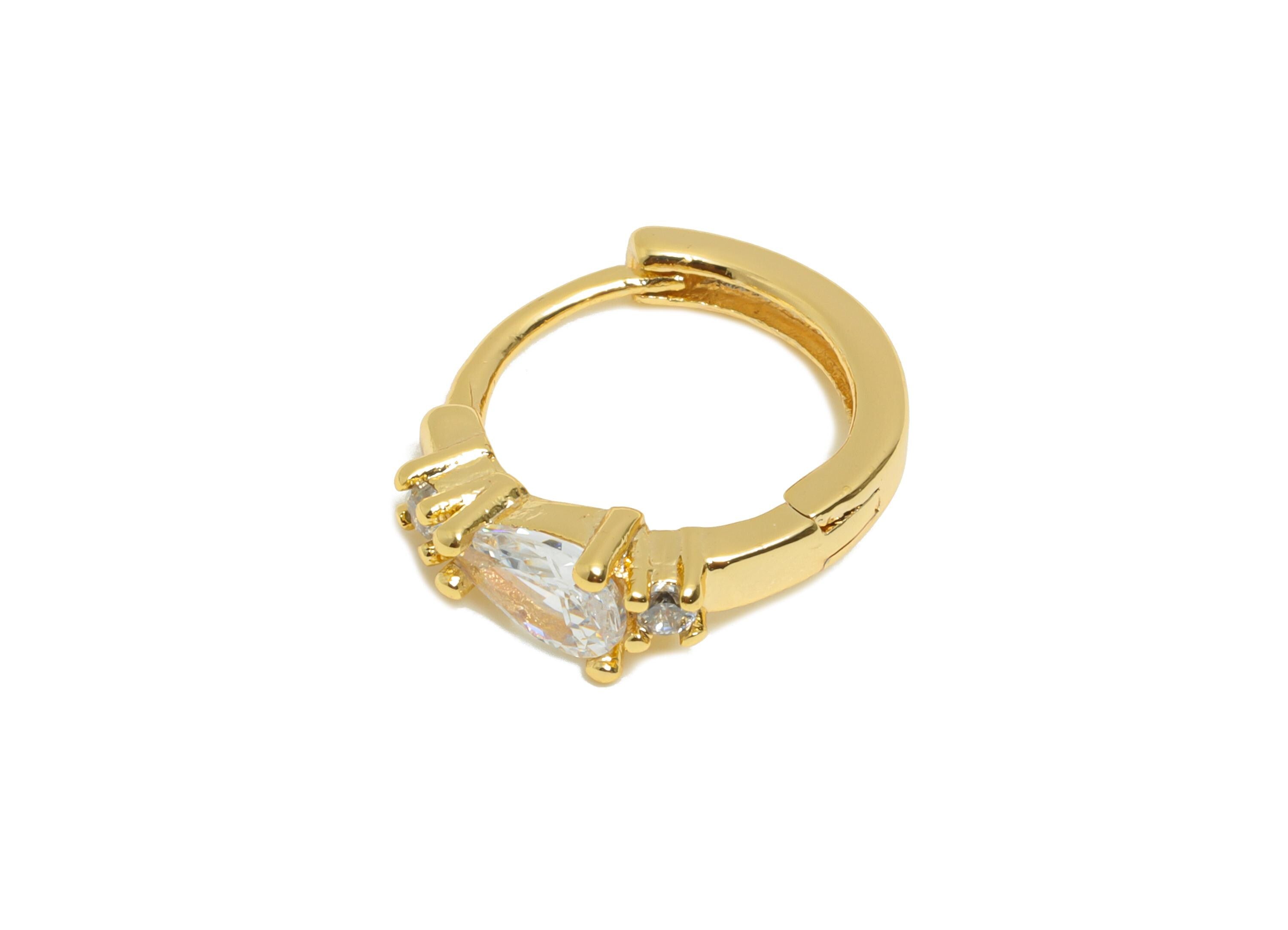 Brass CZ Huggie Hoop Earring - Brass Teardrop Zircon Earring - Refined Huggie Hoop Clasp - 18K Real Gold Plated - 12.8x12.3x3.5mm - RGP10940 - DOMEDBAZAAR