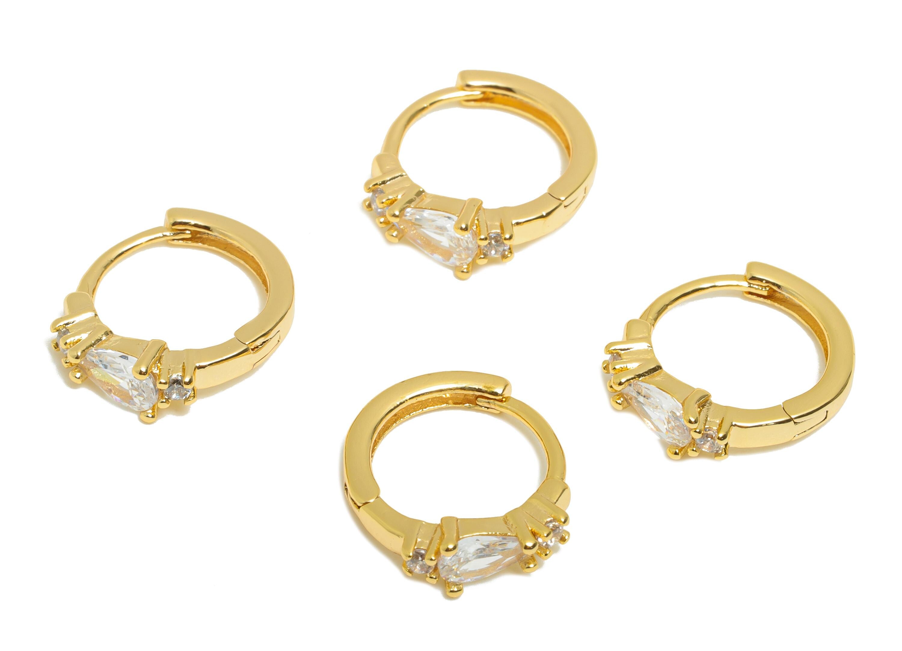 Brass CZ Huggie Hoop Earring - Brass Teardrop Zircon Earring - Refined Huggie Hoop Clasp - 18K Real Gold Plated - 12.8x12.3x3.5mm - RGP10940 - DOMEDBAZAAR