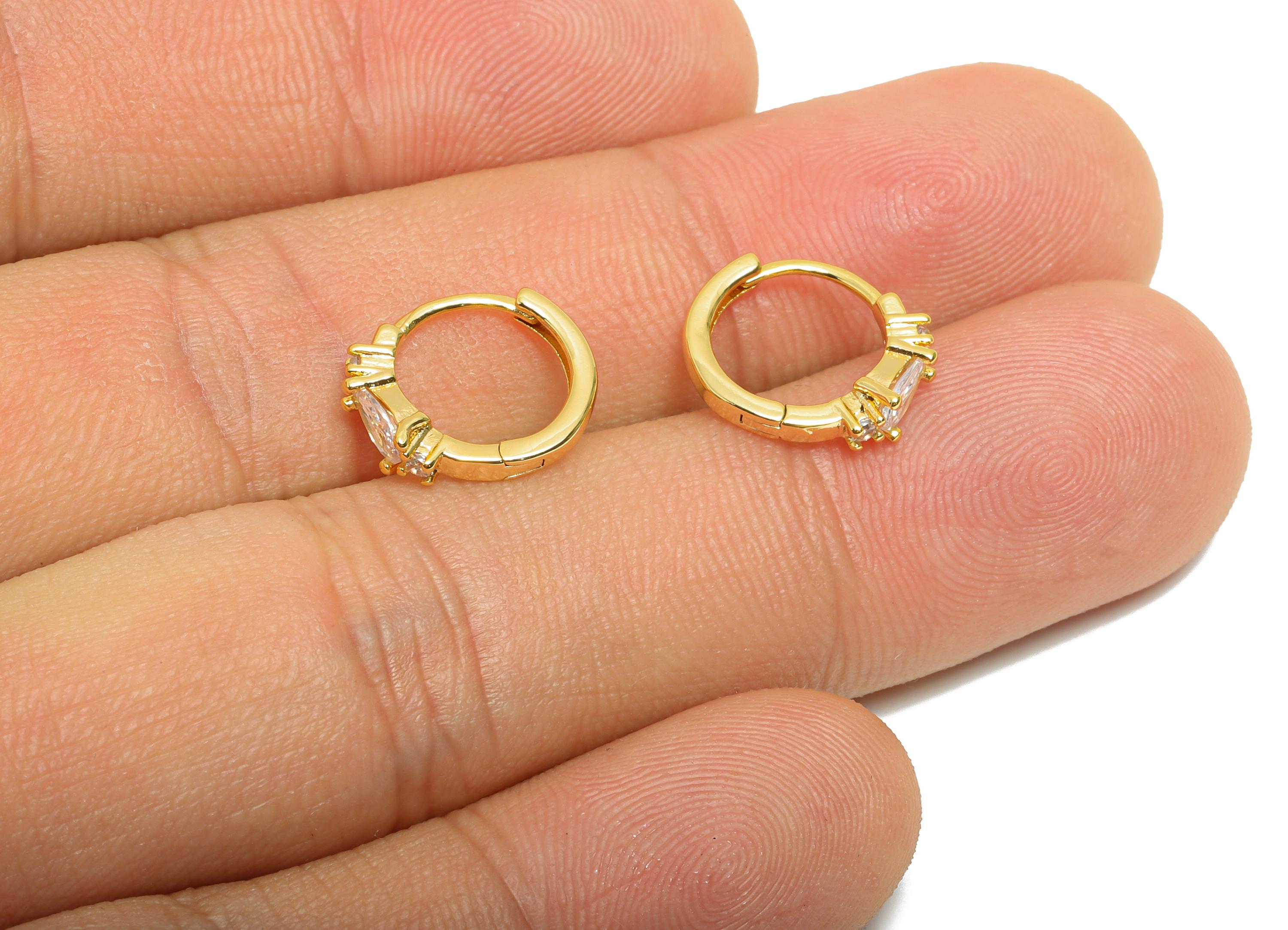 Brass CZ Huggie Hoop Earring - Brass Teardrop Zircon Earring - Refined Huggie Hoop Clasp - 18K Real Gold Plated - 12.8x12.3x3.5mm - RGP10940 - DOMEDBAZAAR
