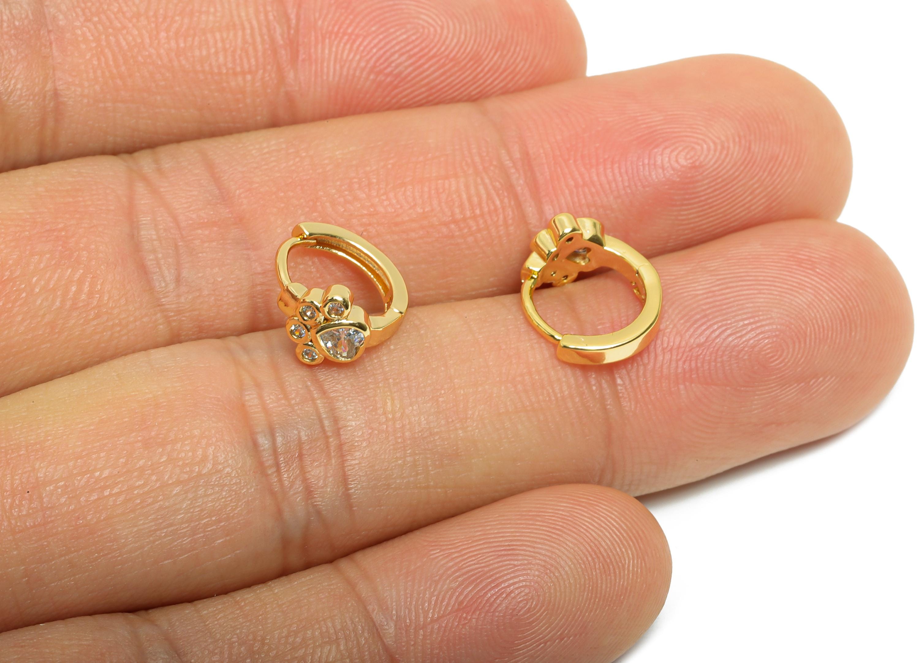 Brass CZ Huggie Hoop Earring - Brass Paw Zircon Earring - Cute Animal Paw Huggie Hoop Clasp - 18K Real Gold Plated - 11.7x10x6.6mm -RGP10909 - DOMEDBAZAAR
