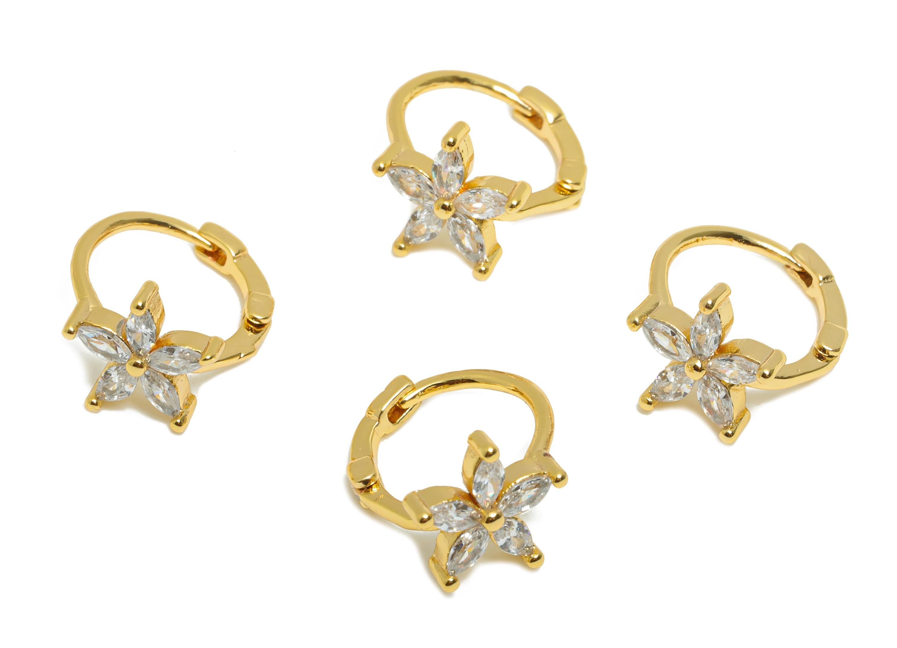 Brass CZ Huggie Hoop Earring - Mini Marquise Zircon Earring - Botanical Floral Huggie Hoop Clasp - 18K Real Gold Plated - 11x9x7mm -RGP10947 - DOMEDBAZAAR