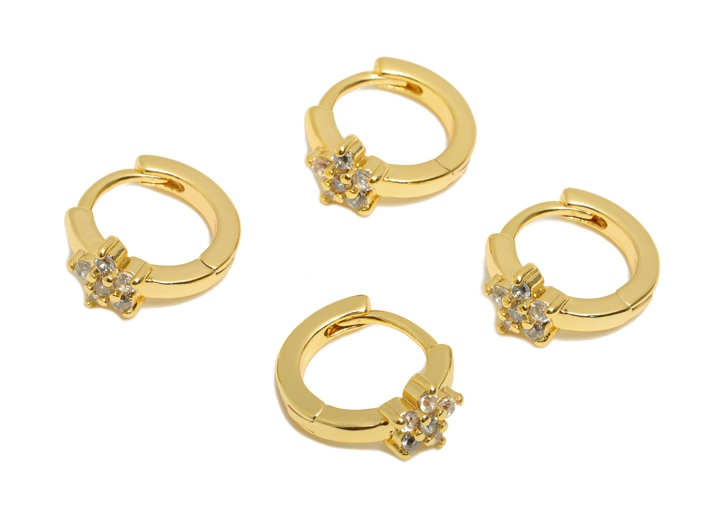 Brass CZ Huggie Hoop Earring - Flower Zircon Earring - Botanical Floral Huggie Hoop Clasp - 18K Real Gold Plated - 12.8x10.64x5mm - RGP10948 - DOMEDBAZAAR