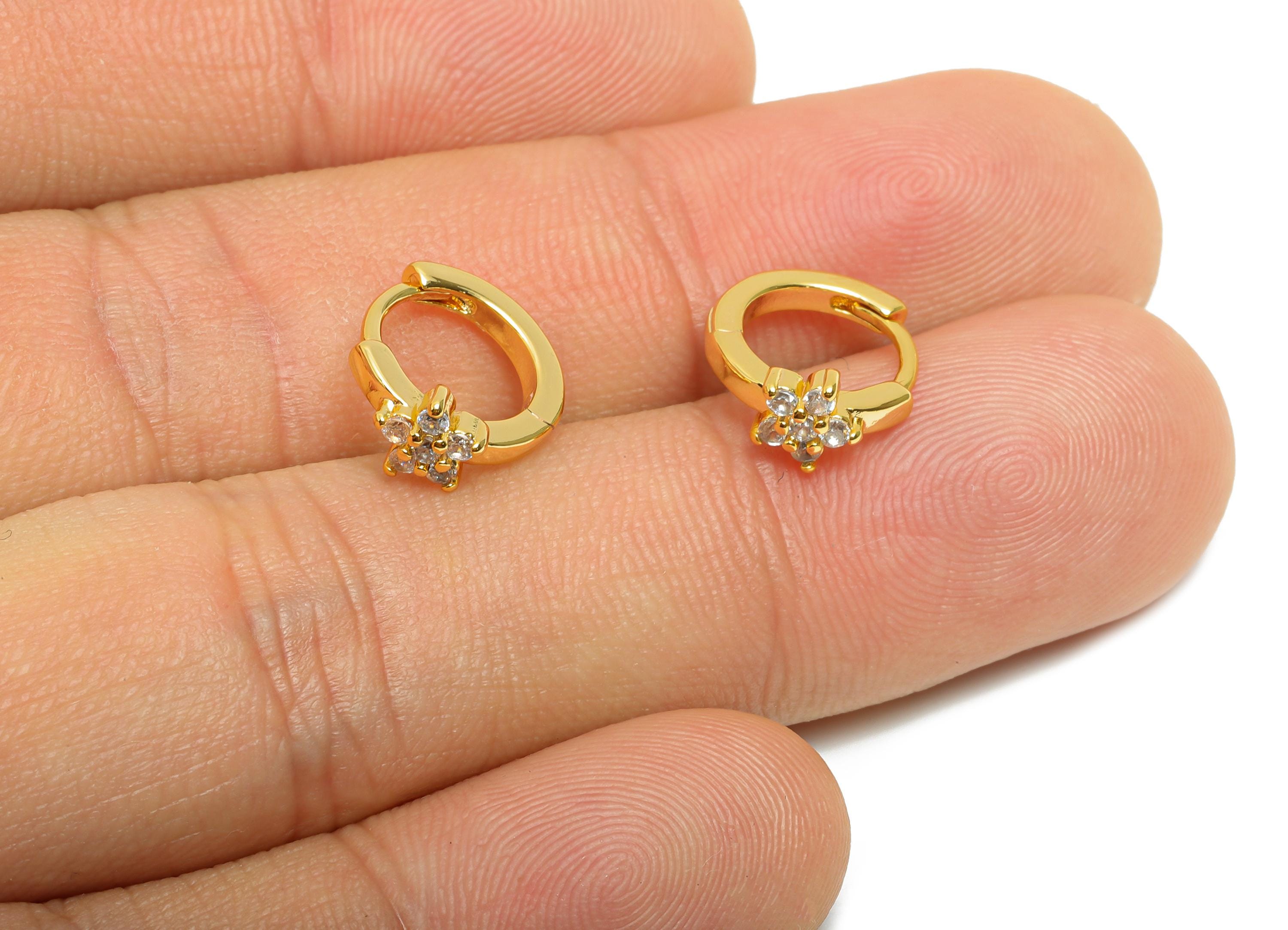 Brass CZ Huggie Hoop Earring - Flower Zircon Earring - Botanical Floral Huggie Hoop Clasp - 18K Real Gold Plated - 12.8x10.64x5mm - RGP10948 - DOMEDBAZAAR