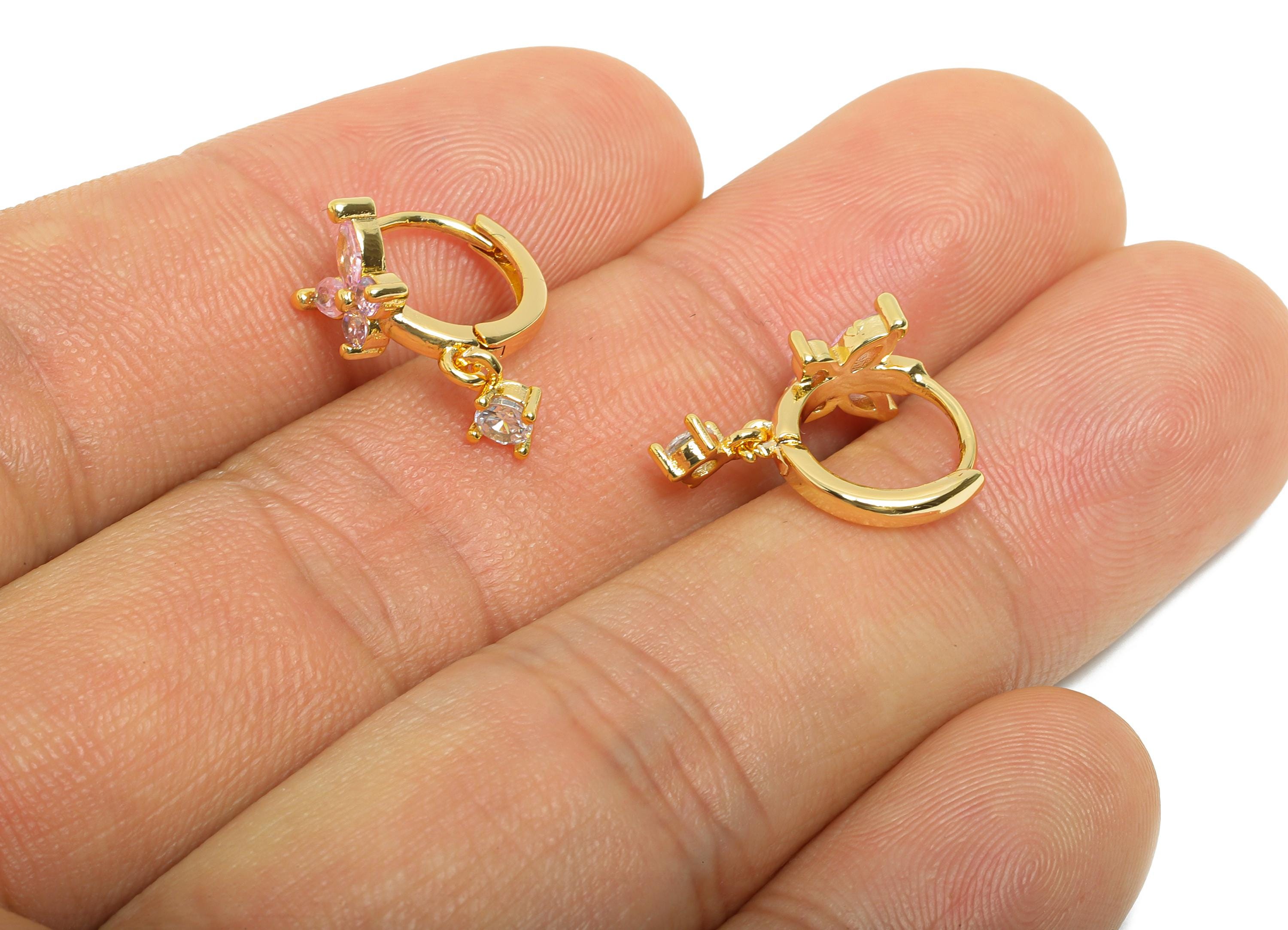 Brass CZ Dangle Huggie Hoop Earring - Butterfly Zircon Earring - Chic Huggie Hoop Clasp - 18K Real Gold Plated - 12.7x12x7.5mm - RGP10871 - DOMEDBAZAAR