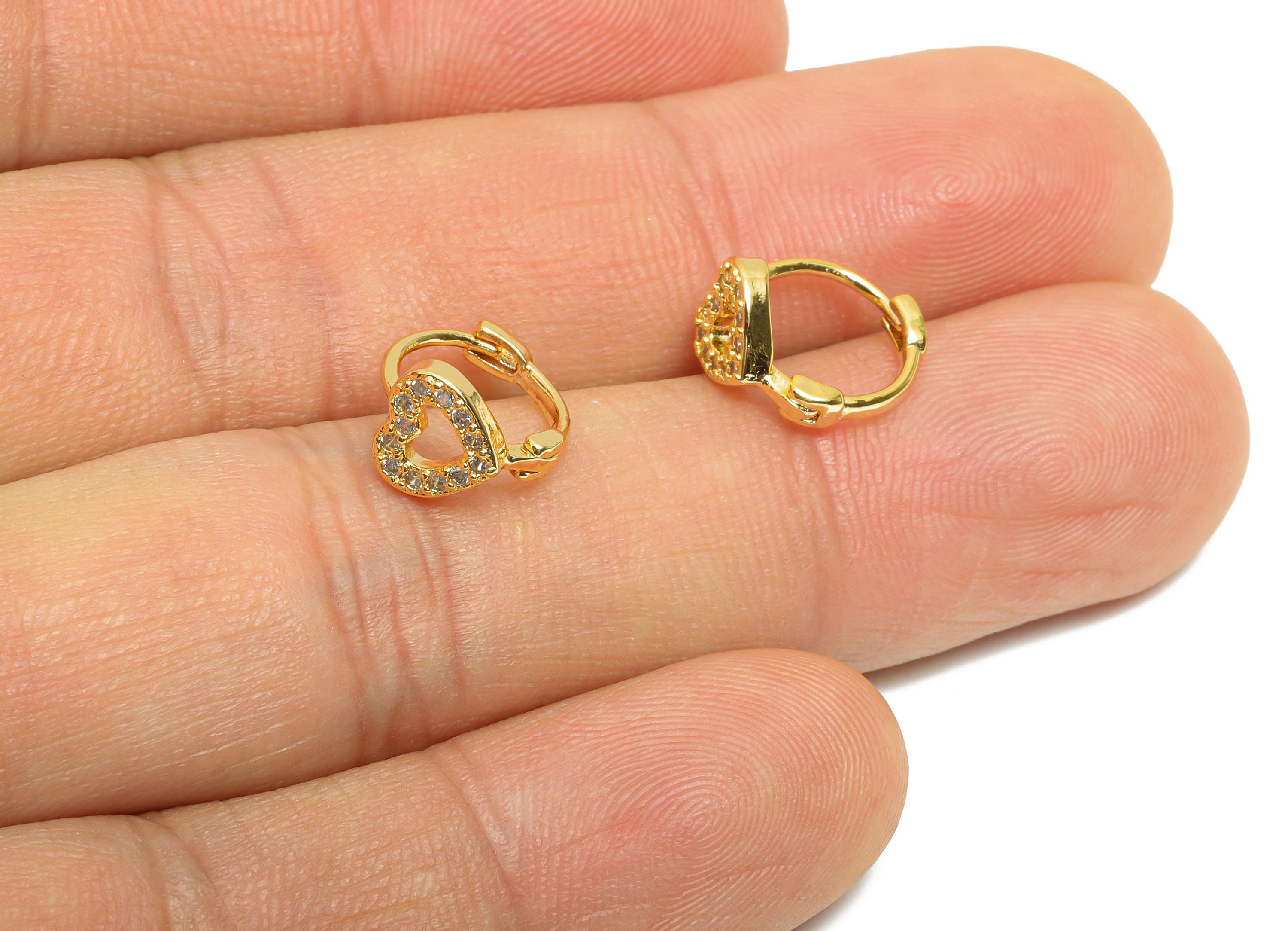 Brass CZ Huggie Hoop Earring - Everyday Heart Zircon Earring - Minimalist Huggie Hoop Clasps - 18K Real Gold Plated - 12x10x6.9mm - RGP10887 - DOMEDBAZAAR