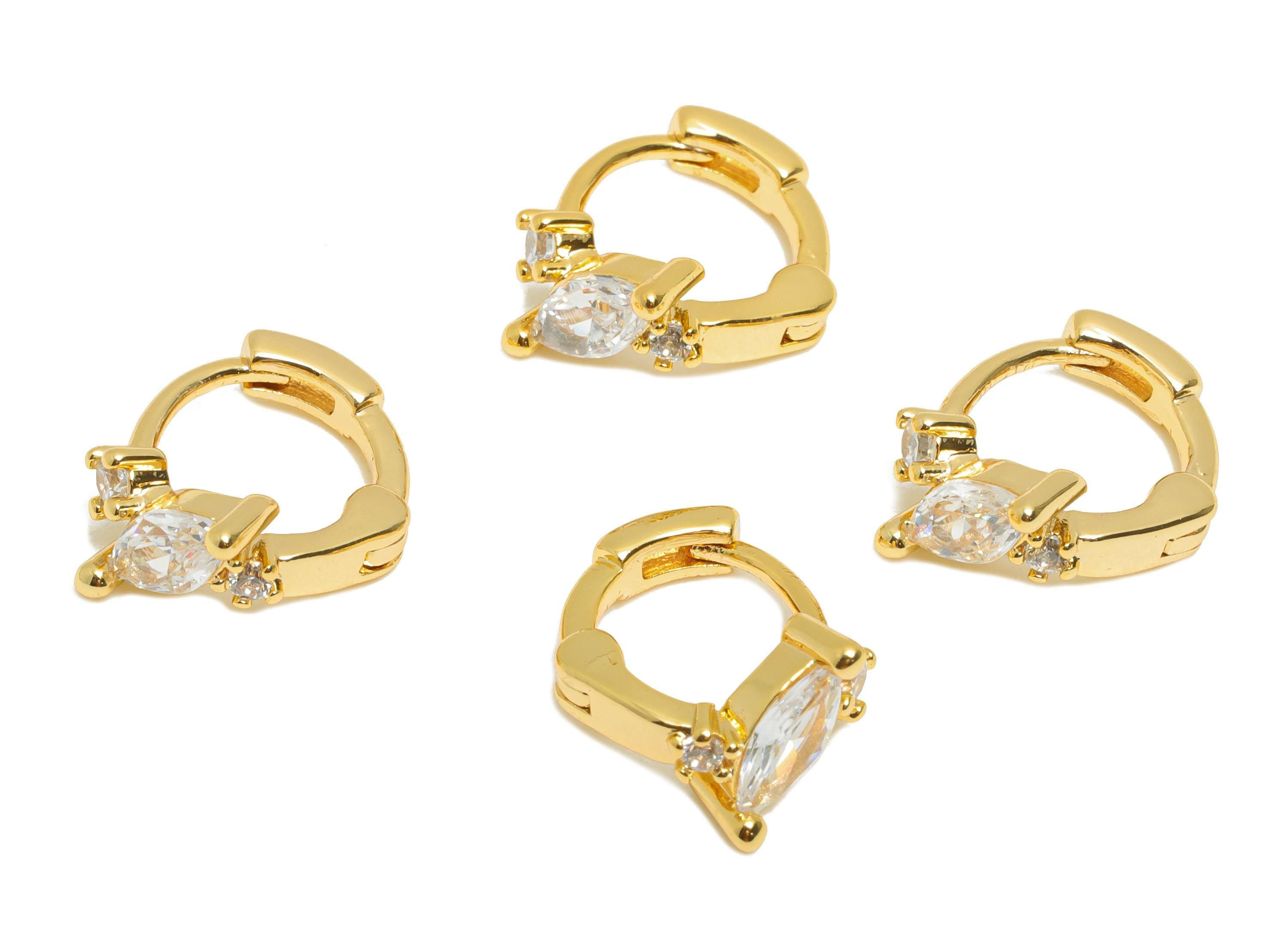 Brass CZ Huggie Hoop Earring - Brass Marquise Zircon Earring - Refined Huggie Hoop Clasp - 18K Real Gold Plated - 11.95x10.2x5mm - RGP10870 - DOMEDBAZAAR
