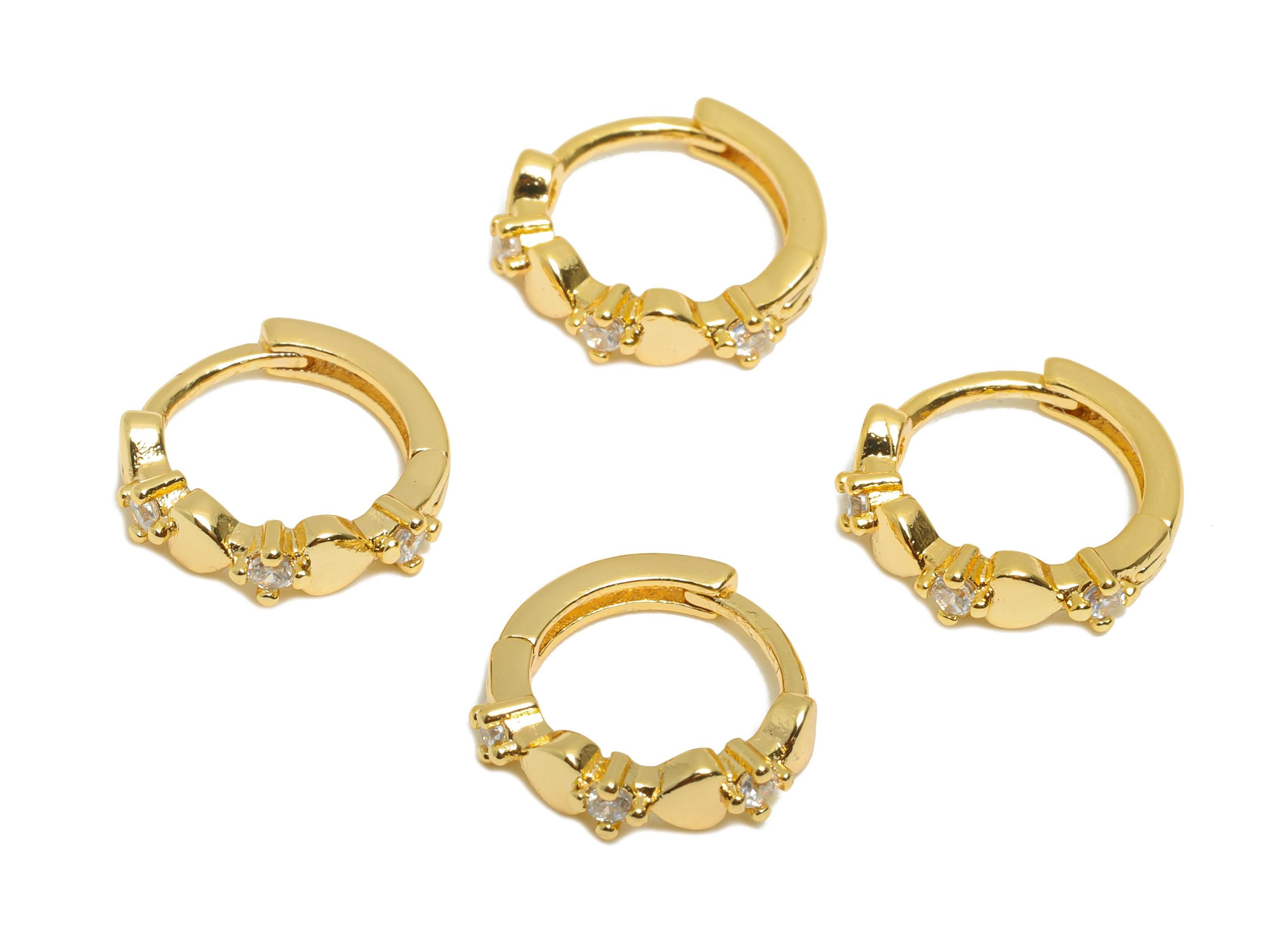 Brass CZ Heart Huggie Hoop Earring - Brass Zircon Earring - Dainty Huggie Hoop Clasp - 18K Real Gold Plated - 11.37x10.92x2mm - RGP10895 - DOMEDBAZAAR