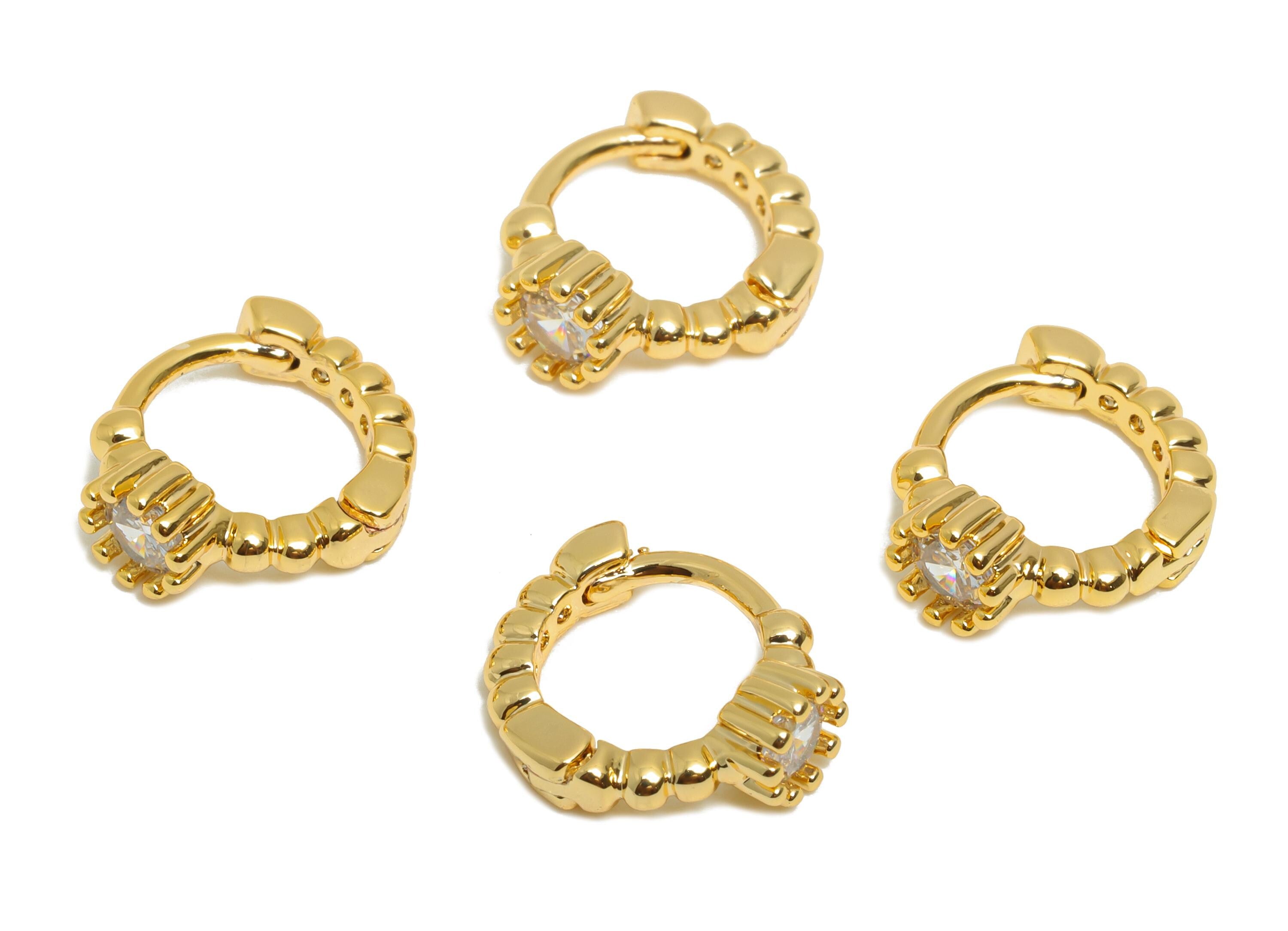Brass CZ Huggie Hoop Earring - Textured Brass Zircon Earring - Mini Huggie Hoop Clasp - 18K Real Gold Plated - 12.24x11.27x3.4mm - RGP10850 - DOMEDBAZAAR