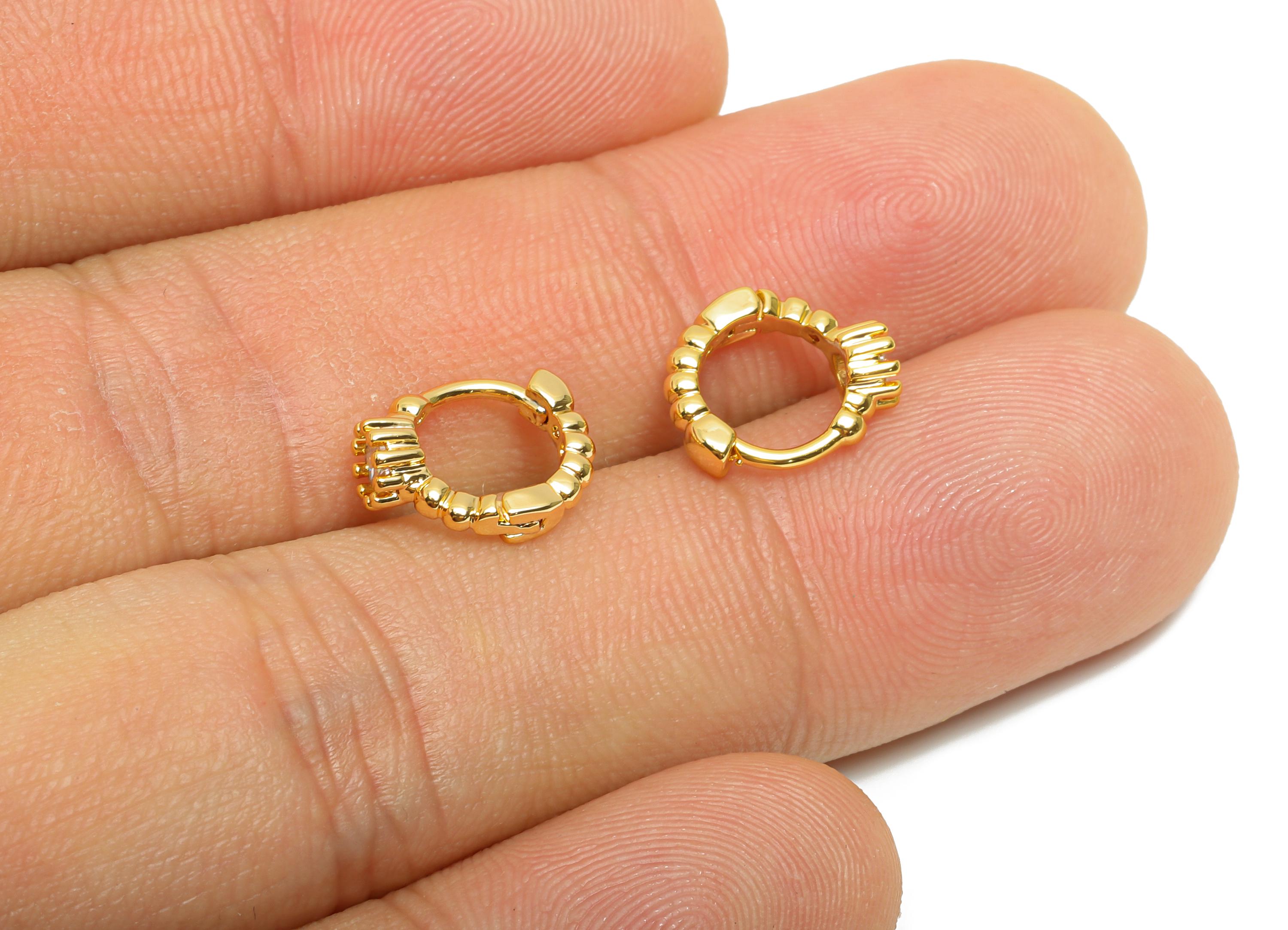 Brass CZ Huggie Hoop Earring - Textured Brass Zircon Earring - Mini Huggie Hoop Clasp - 18K Real Gold Plated - 12.24x11.27x3.4mm - RGP10850 - DOMEDBAZAAR