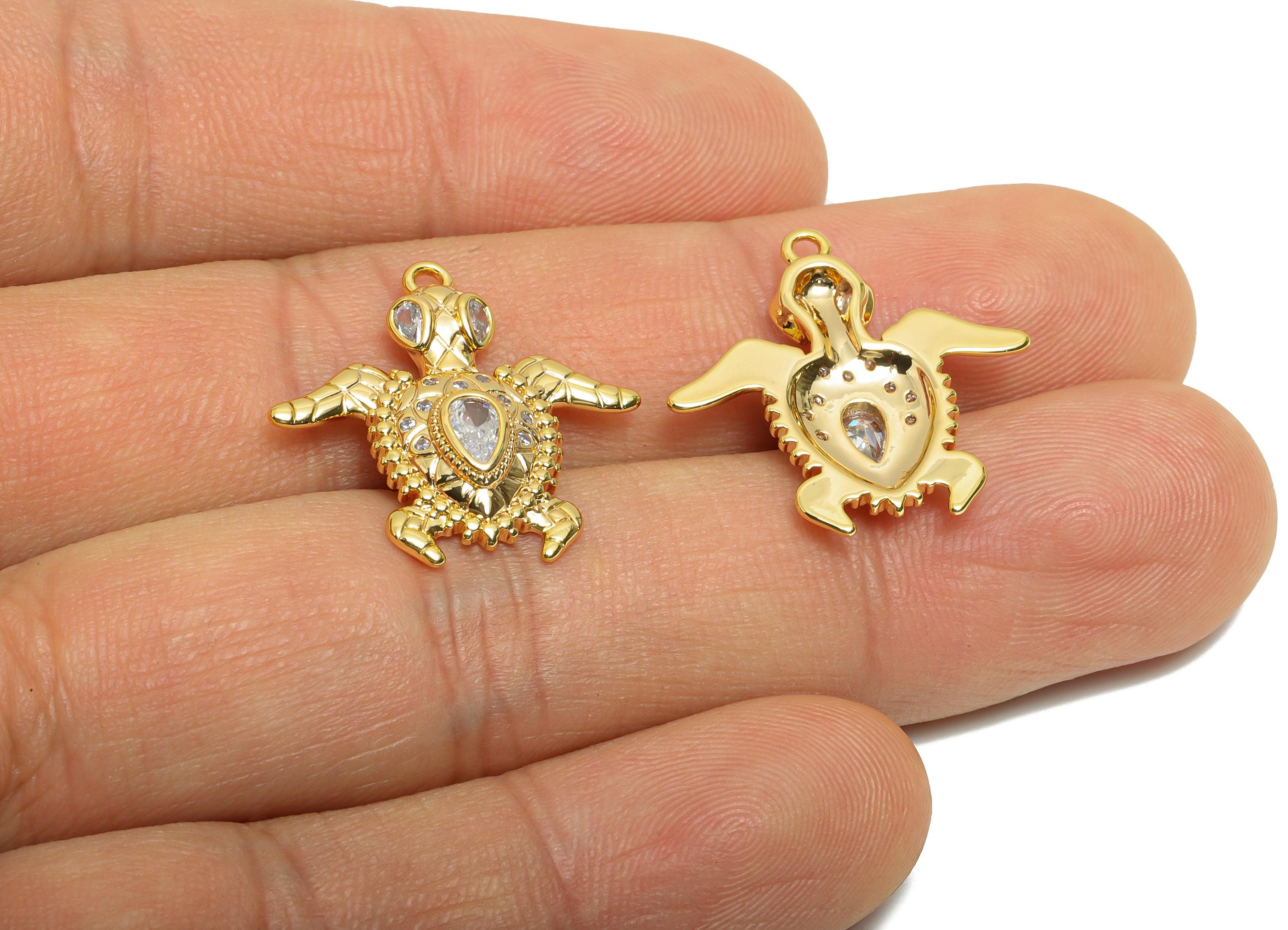 Brass Gold Turtle Pendant - Cubic Zircon Marine Life Charms - Sparkling Necklace Charm - 18K Real Gold Plating - 21.8x21.7x3.3mm - RGP10964 - DOMEDBAZAAR