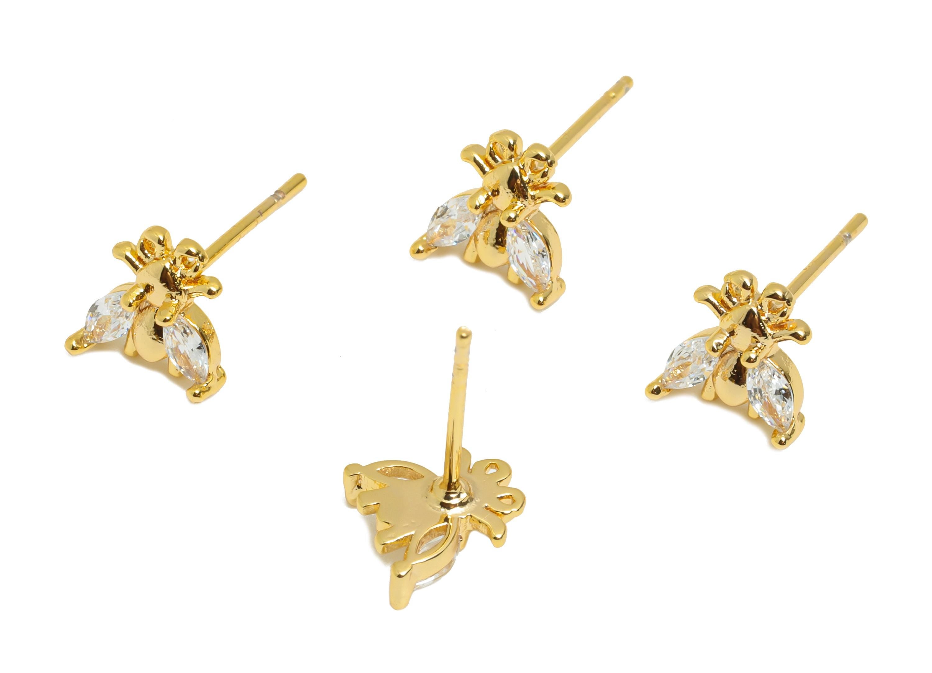 Brass Bee CZ Stud Earring - Gold Dainty Insect Earring Post - Sparkling Marquise Zircon Jewelry - 18K Real Gold Plated - 7x7x2.5mm -RGP10956 - DOMEDBAZAAR