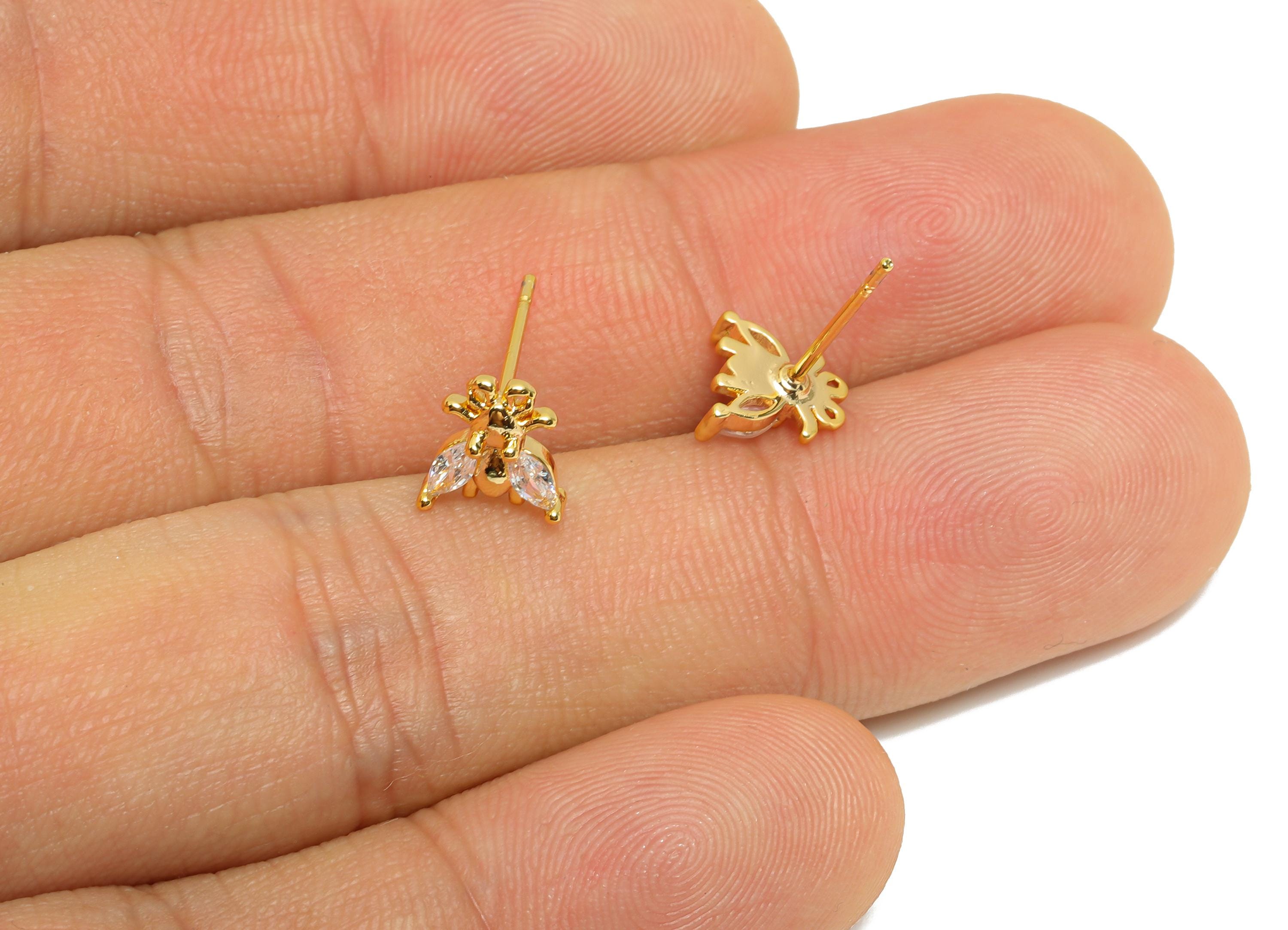 Brass Bee CZ Stud Earring - Gold Dainty Insect Earring Post - Sparkling Marquise Zircon Jewelry - 18K Real Gold Plated - 7x7x2.5mm -RGP10956 - DOMEDBAZAAR