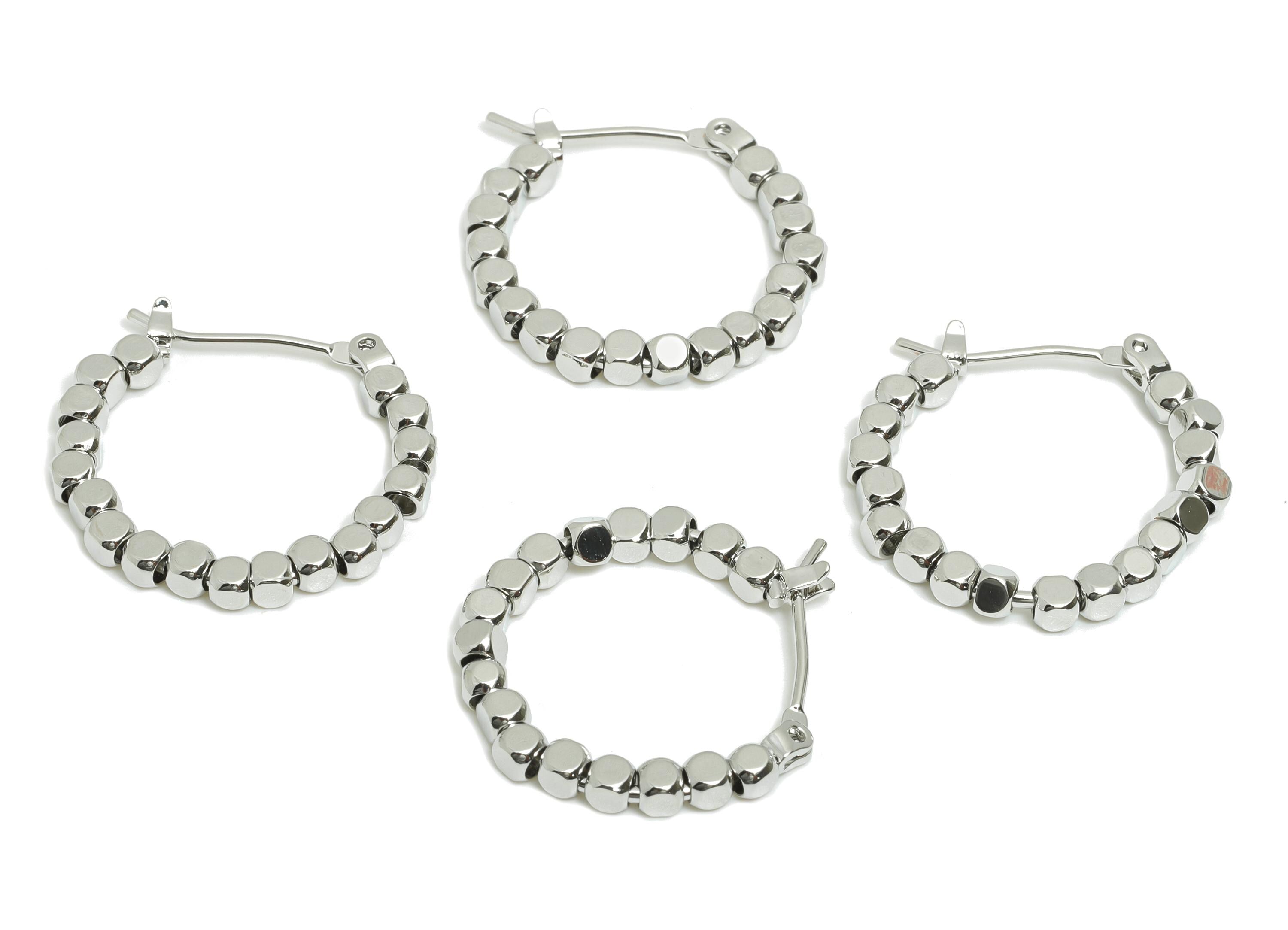 Brass Beaded Hoop Earring - Faceted Square Beaded Hoop - Hinged Back - Classic Hoop Jewelry - 18k White Gold Plated - 22x21x2.5mm - RGP10977 - DOMEDBAZAAR