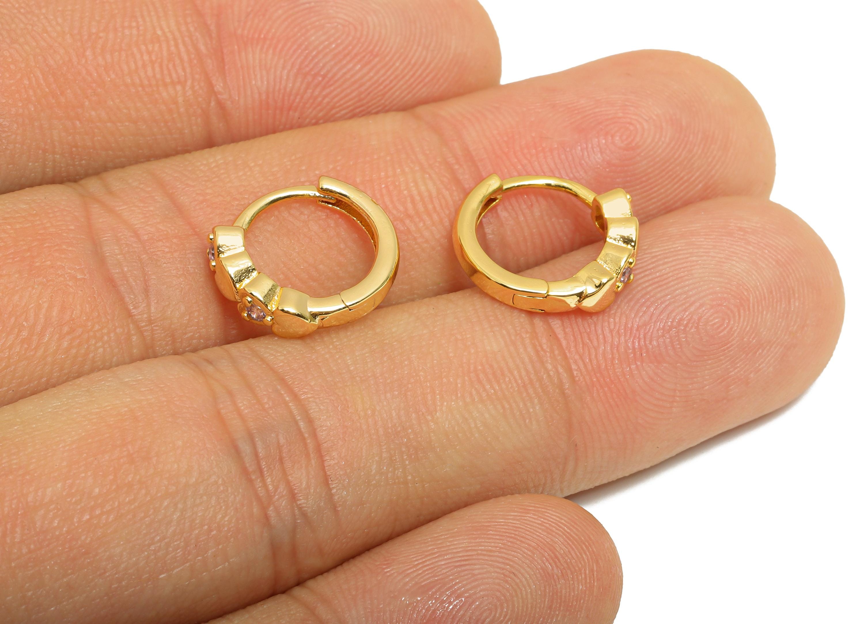 Brass CZ Heart Huggie Hoop Earring - Mini Brass Heart Bead Zircon Earring - Simple Hoop Clasp - 18K Real Gold Plated - 13x12x3.4mm -RGP10903 - DOMEDBAZAAR