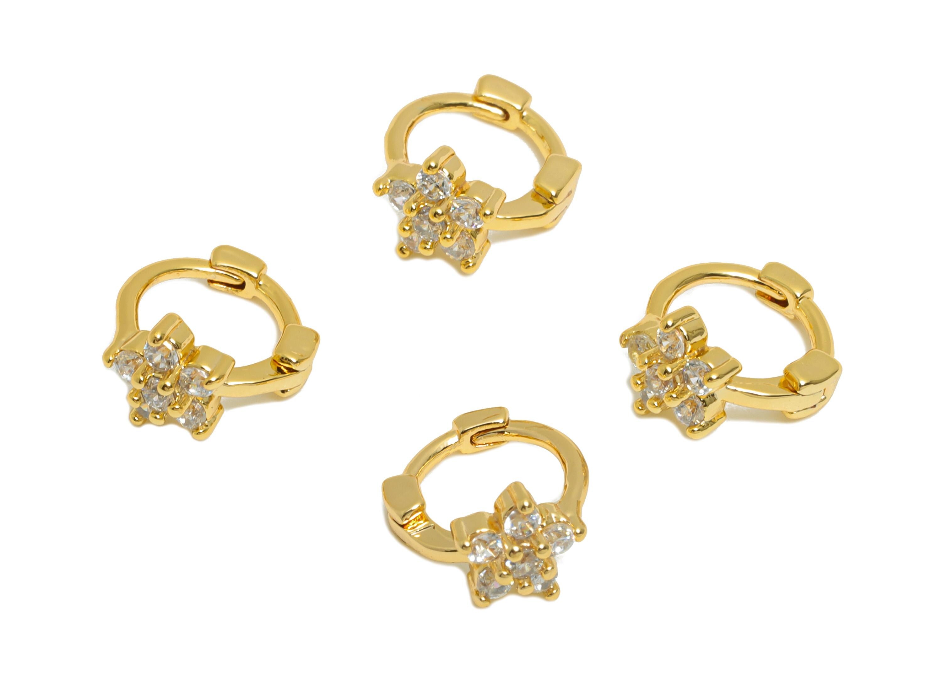 Brass CZ Floral Huggie Hoop Earring - Refined Flower Zircon Earring - Everyday Wear - 18K Real Gold Plated - 9.62x8x5.16mm - RGP10860 - DOMEDBAZAAR