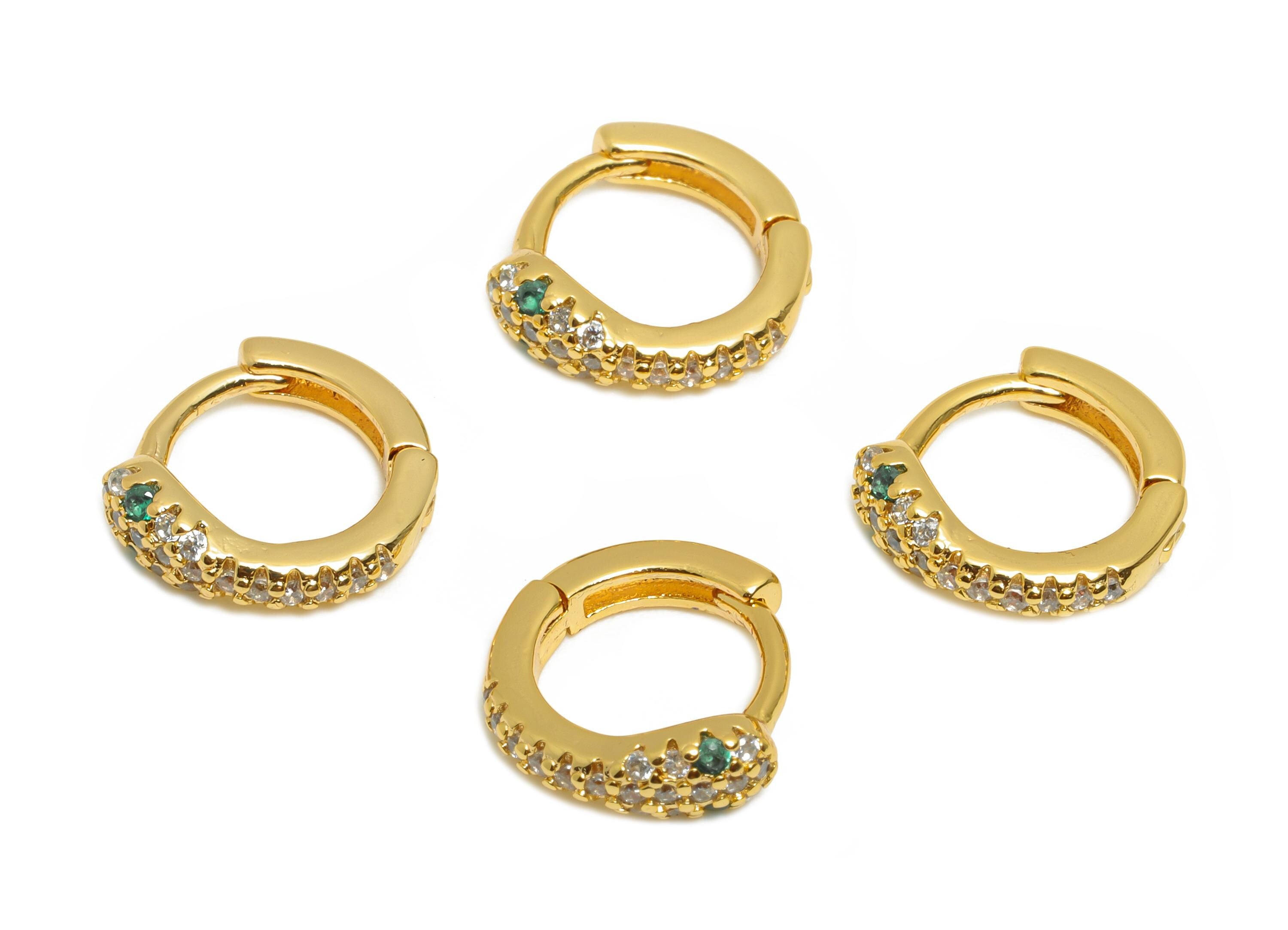 Brass CZ Snake Huggie Hoop Earring - Brass Green Zircon Hoop Earring - Dainty Huggie Hoop Clasp - 18K Real Gold Plated - 10x9x3mm - RGP10863 - DOMEDBAZAAR