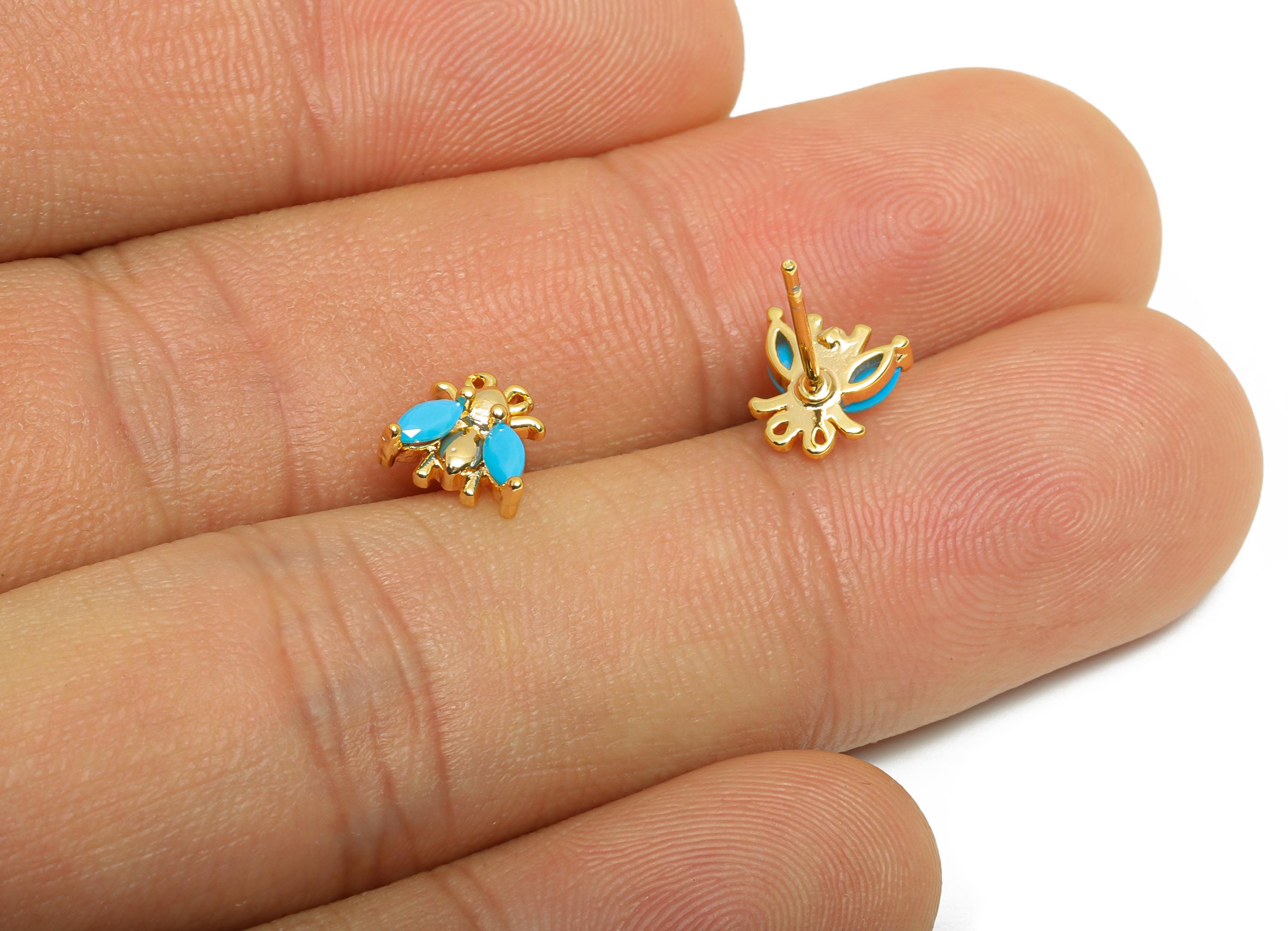 Brass Bee CZ Stud Earring - Gold Dainty Insect Earring Post - Sparkling Marquise Zircon Jewelry - 18K Real Gold Plated - 7x7x2.5mm -RGP10955 - DOMEDBAZAAR