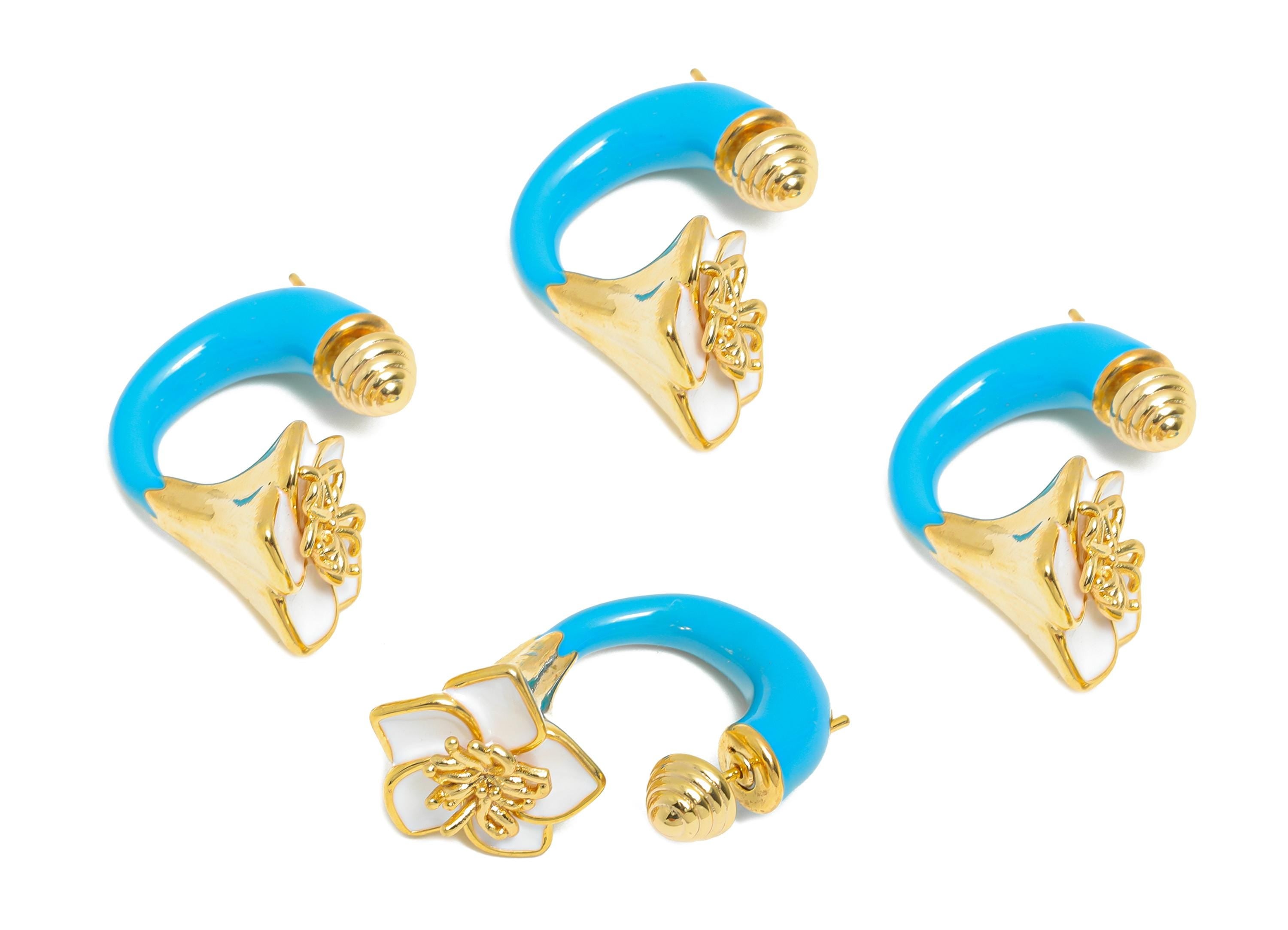 Brass Enamel Flower Earring Set - Blue Enamel Flower Earring Stud - Chunky Floral Hoop Post - 18K Real Gold Plated - 30x19x15mm - RGP10968A