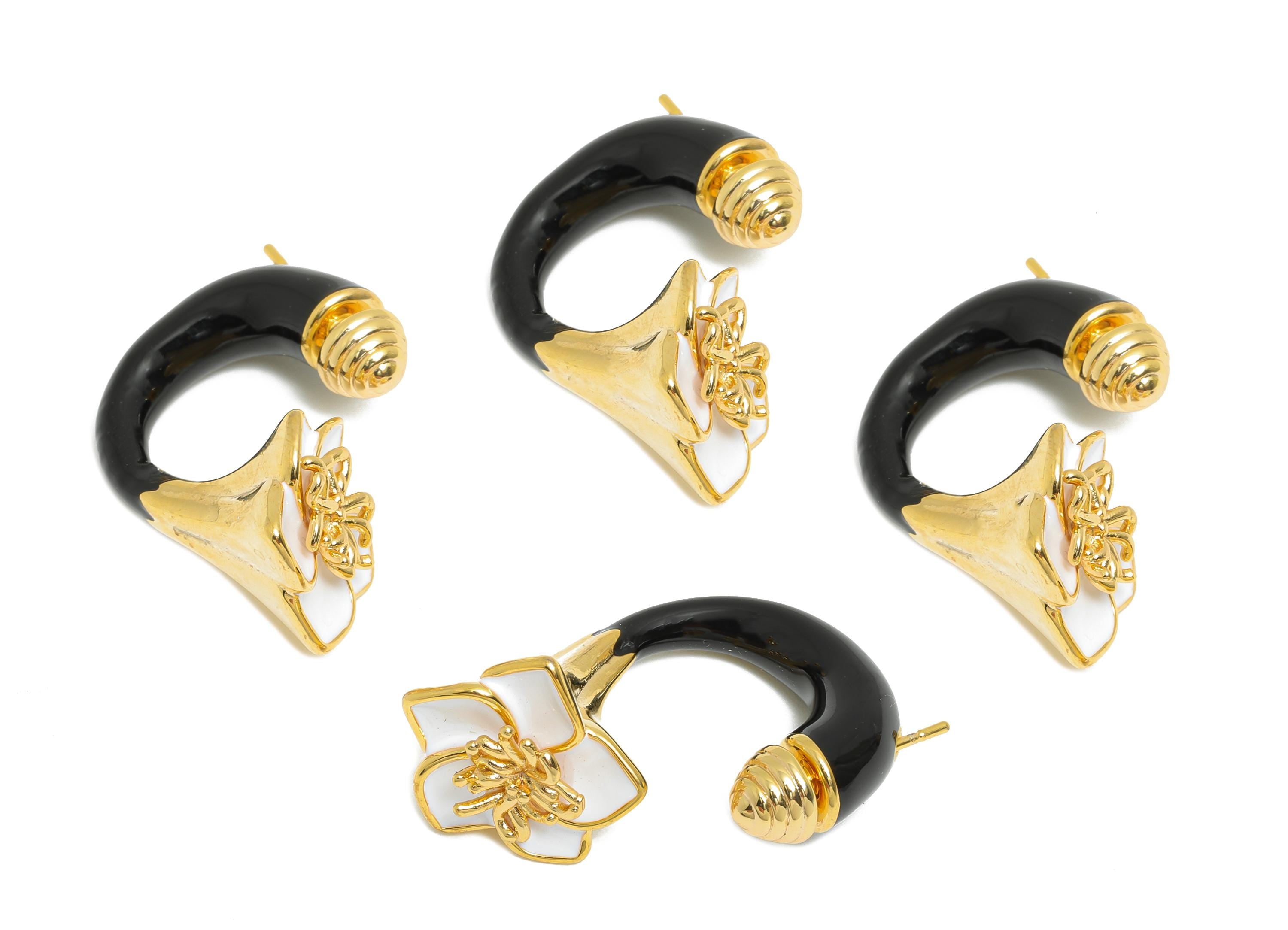 Brass Enamel Flower Earring Set - Black Enamel Flower Earring Stud - Chunky Floral Hoop Post - 18K Real Gold Plated - 30x19x15mm - RGP10968B