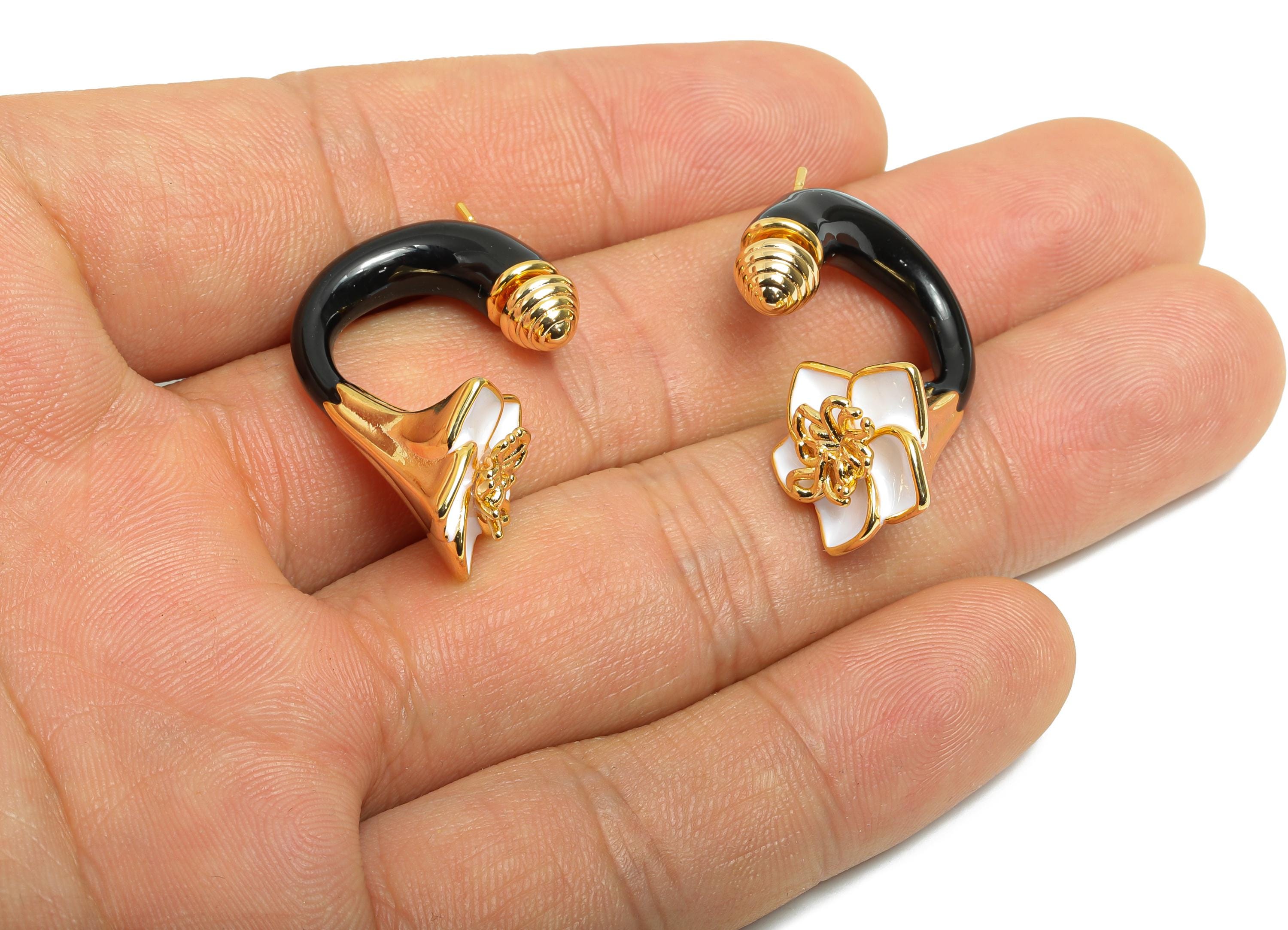 Brass Enamel Flower Earring Set - Black Enamel Flower Earring Stud - Chunky Floral Hoop Post - 18K Real Gold Plated - 30x19x15mm - RGP10968B