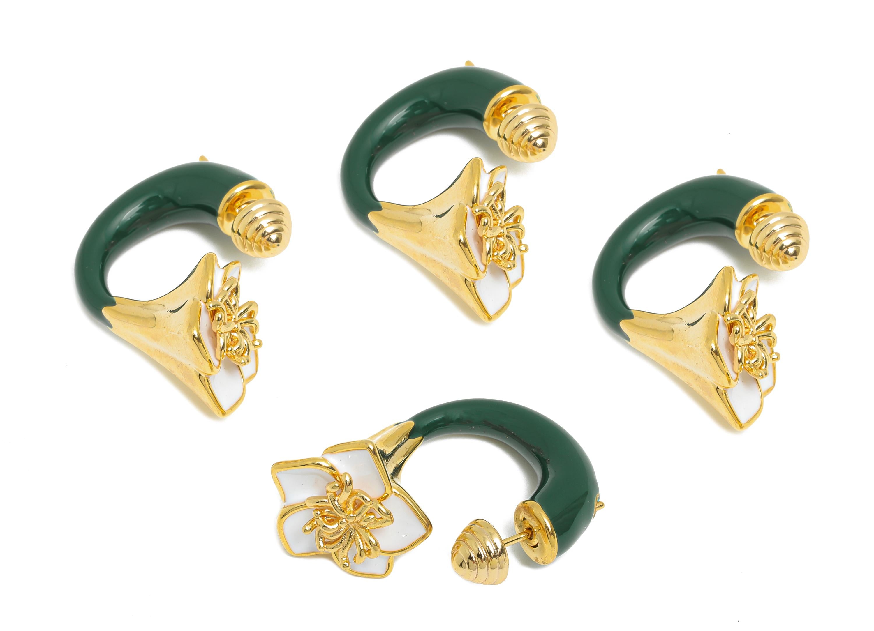 Brass Enamel Flower Earring Set - Green Enamel Flower Earring Stud - Chunky Floral Hoop Post - 18K Real Gold Plated - 30x19x15mm - RGP10968F