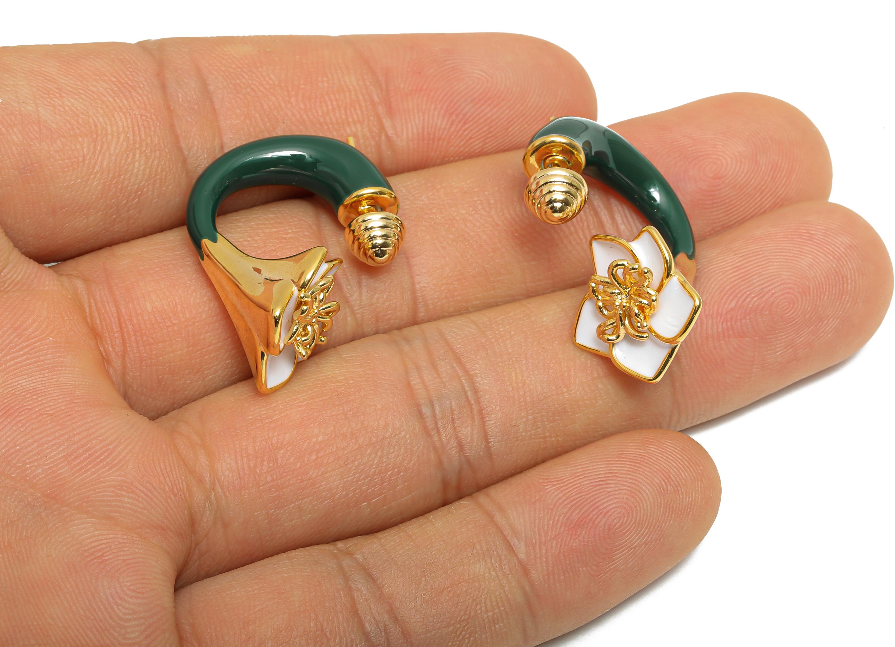 Brass Enamel Flower Earring Set - Green Enamel Flower Earring Stud - Chunky Floral Hoop Post - 18K Real Gold Plated - 30x19x15mm - RGP10968F