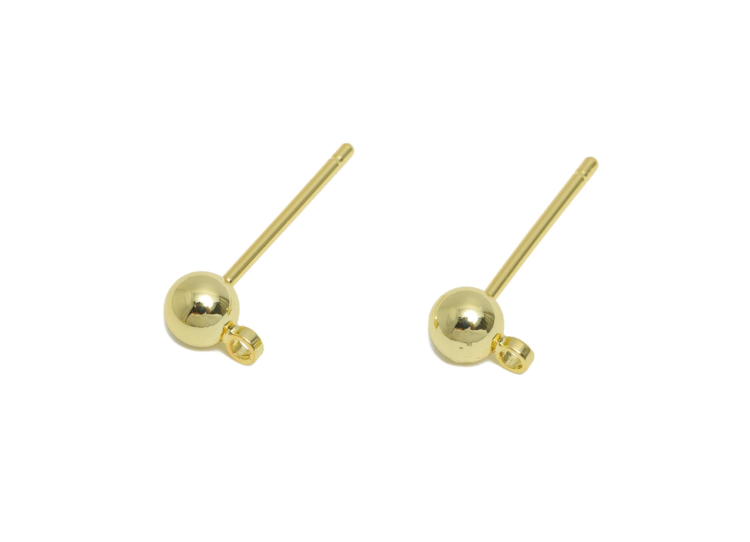 Brass Bead Earring Stud - Brass Gold Ball Earring Post With Loop - Dainty Earring Base with Loop - 18K Real Gold Plated - 16x4x4mm -RGP10440 - DOMEDBAZAAR