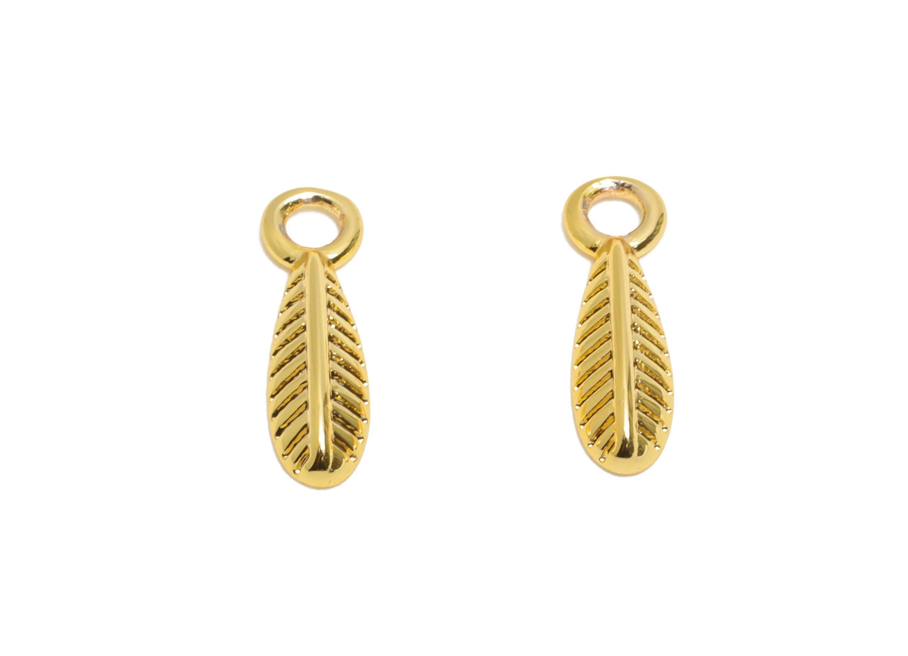 Brass Feather Earring Charm - Textured Gold Feather Pendant - DIY Necklace Jewelry Component - 18K Real Gold Plated - 10x3x1.7mm - RGP10961 - DOMEDBAZAAR