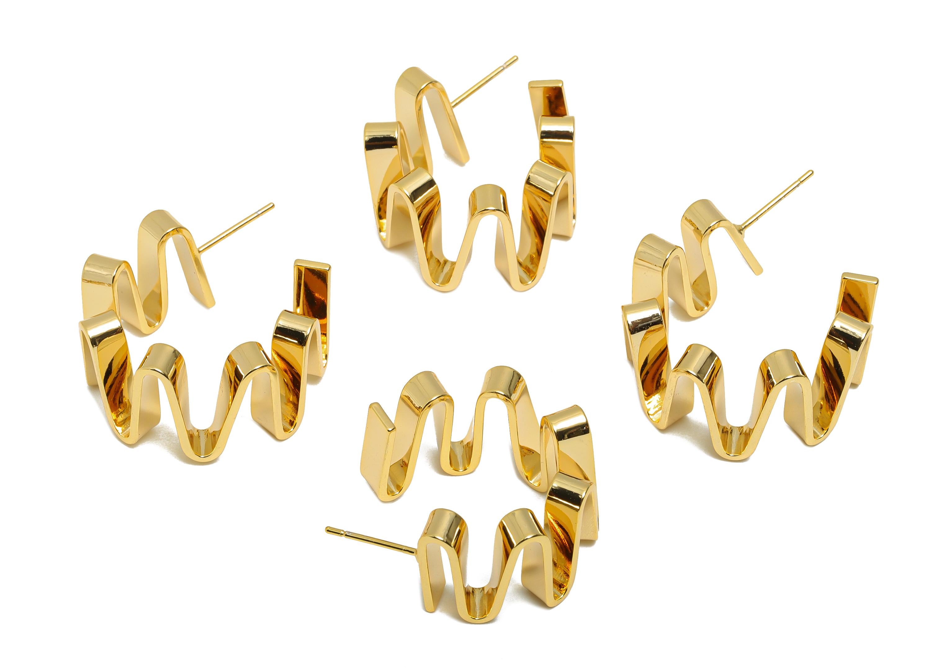 Brass Hoop Earring Post - Wavy Modern Gold Ripple Hoop Earring - Curvy Abstract Hoop Earring - 18K Real Gold Plating - 16x14x1mm - RGP10798 - DOMEDBAZAAR