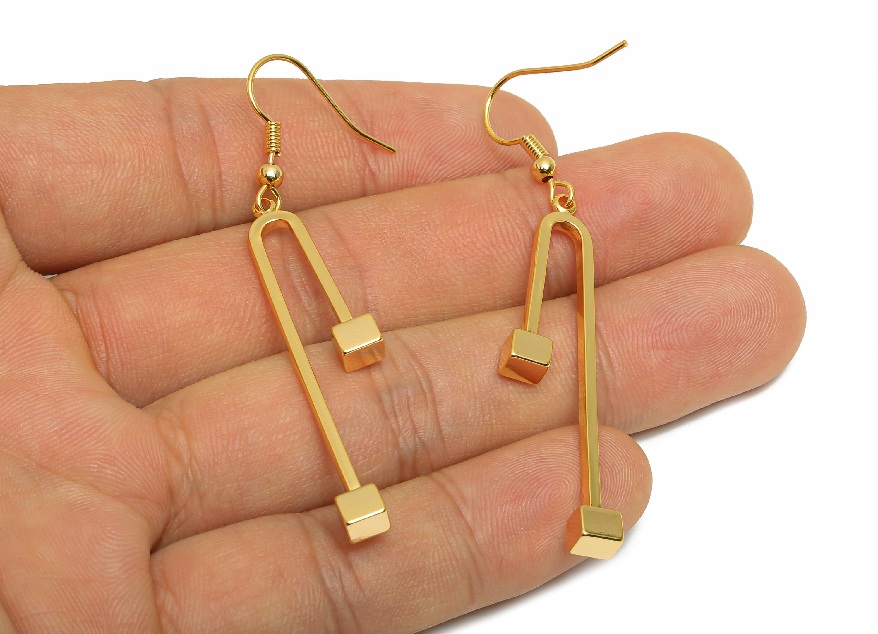 Brass Geometry Earring Hook - Brass Geometric Drop Earring Hook - Gold Bar Cube Earring Hook - 18K Real Gold Plating - 41x31x2mm - RGP10799 - DOMEDBAZAAR