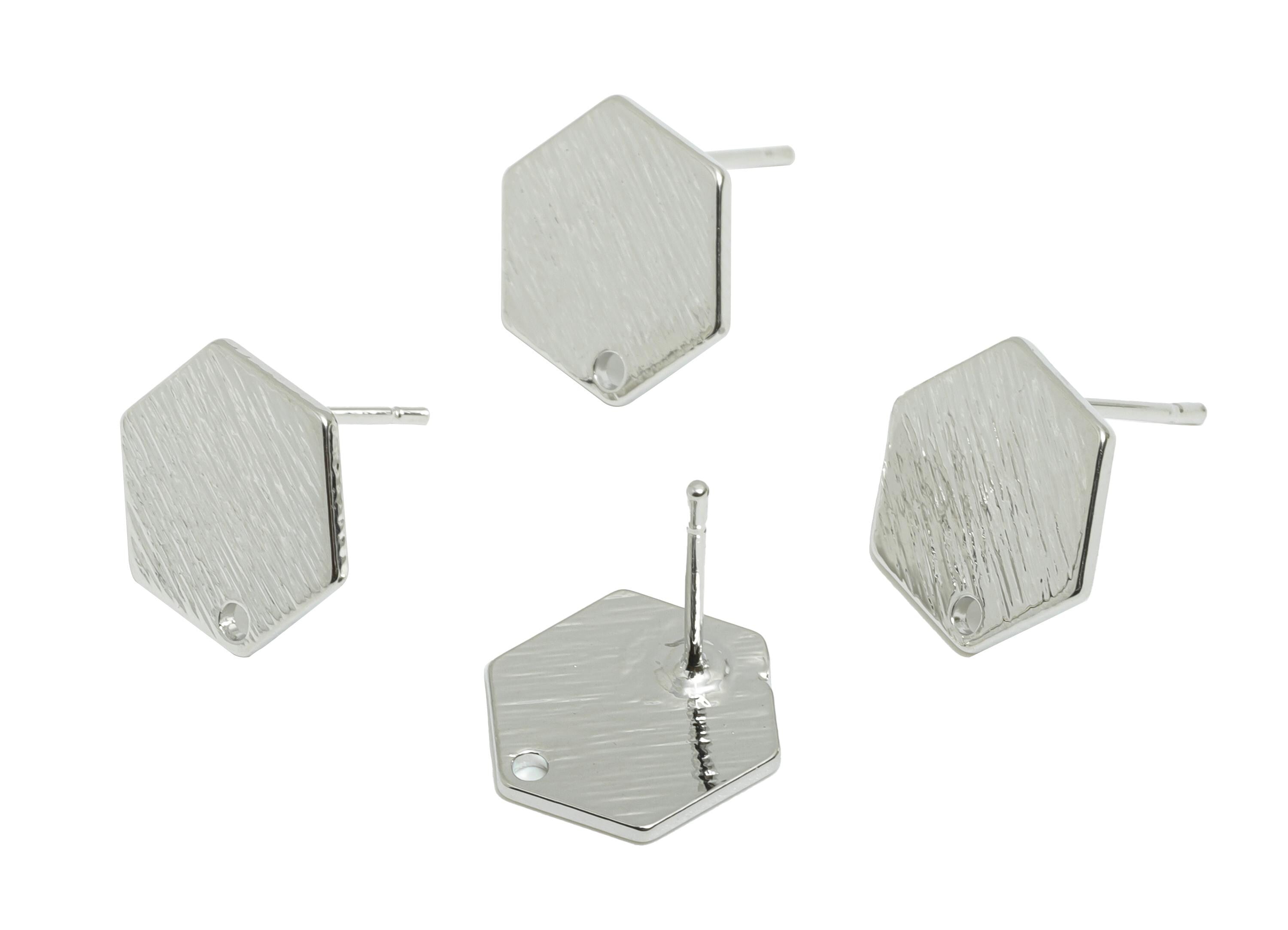 Brass Textured Hexagon Earring Post - Brass Geometry Stud Earring - Base Earring With Hole - 18K Real White Gold Plated - 11x11x1mm-RGP10018 - DOMEDBAZAAR