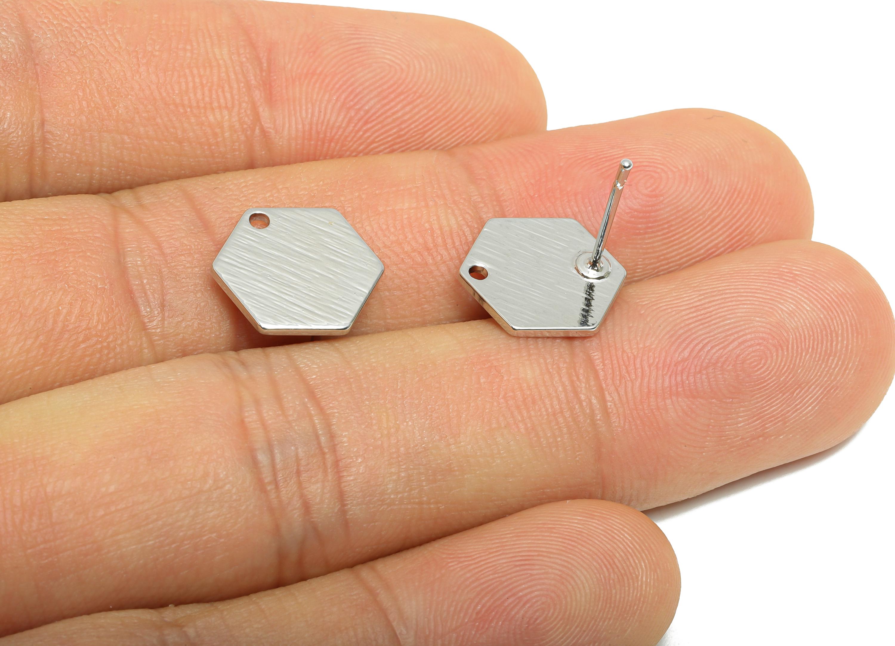 Brass Textured Hexagon Earring Post - Brass Geometry Stud Earring - Base Earring With Hole - 18K Real White Gold Plated - 11x11x1mm-RGP10018 - DOMEDBAZAAR