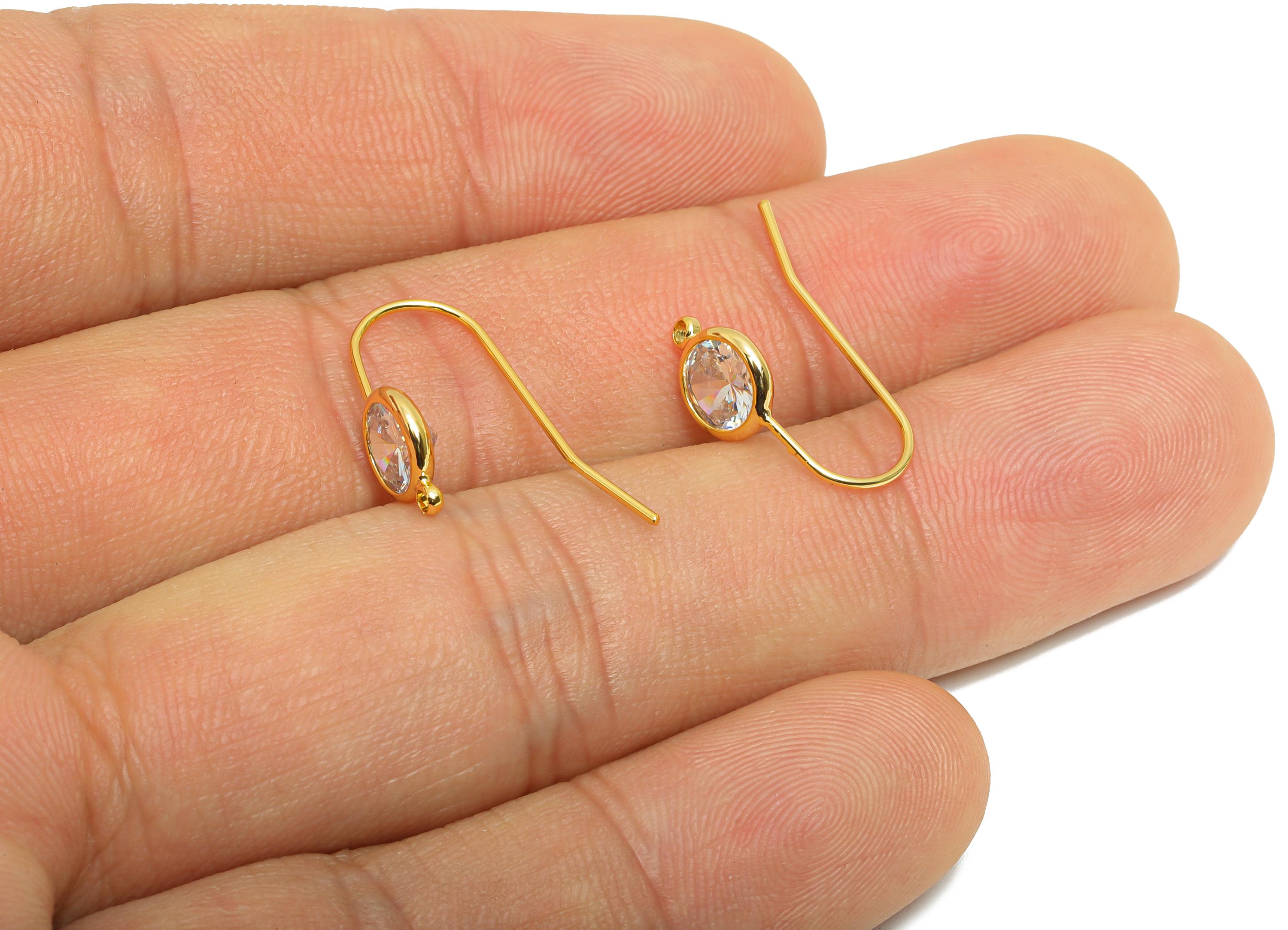 Brass Wire Hook - Metal Ear Wire Hook for Jewelry Making - Brass Hook Ear Wire with Zircon - 18K Real Gold Plated - 21.6x6.8x2.8mm -RGP10787