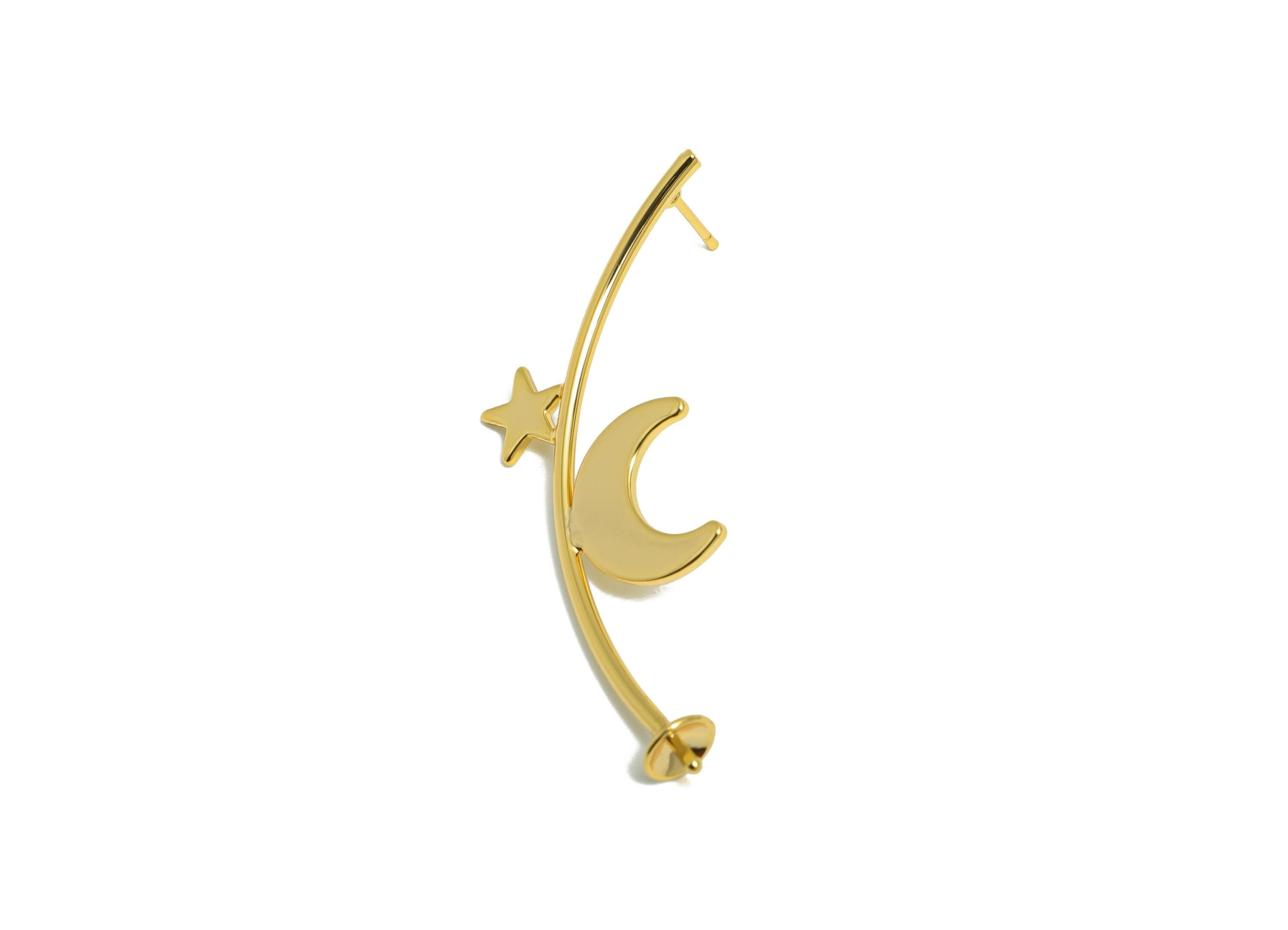 Brass Moon Star Earring Post - Brass Lunar Earring For Women - Fashion Dangle Earring For Pearl - 18K Real Gold Plated - 51x23x1mm -RGP10438 - DOMEDBAZAAR