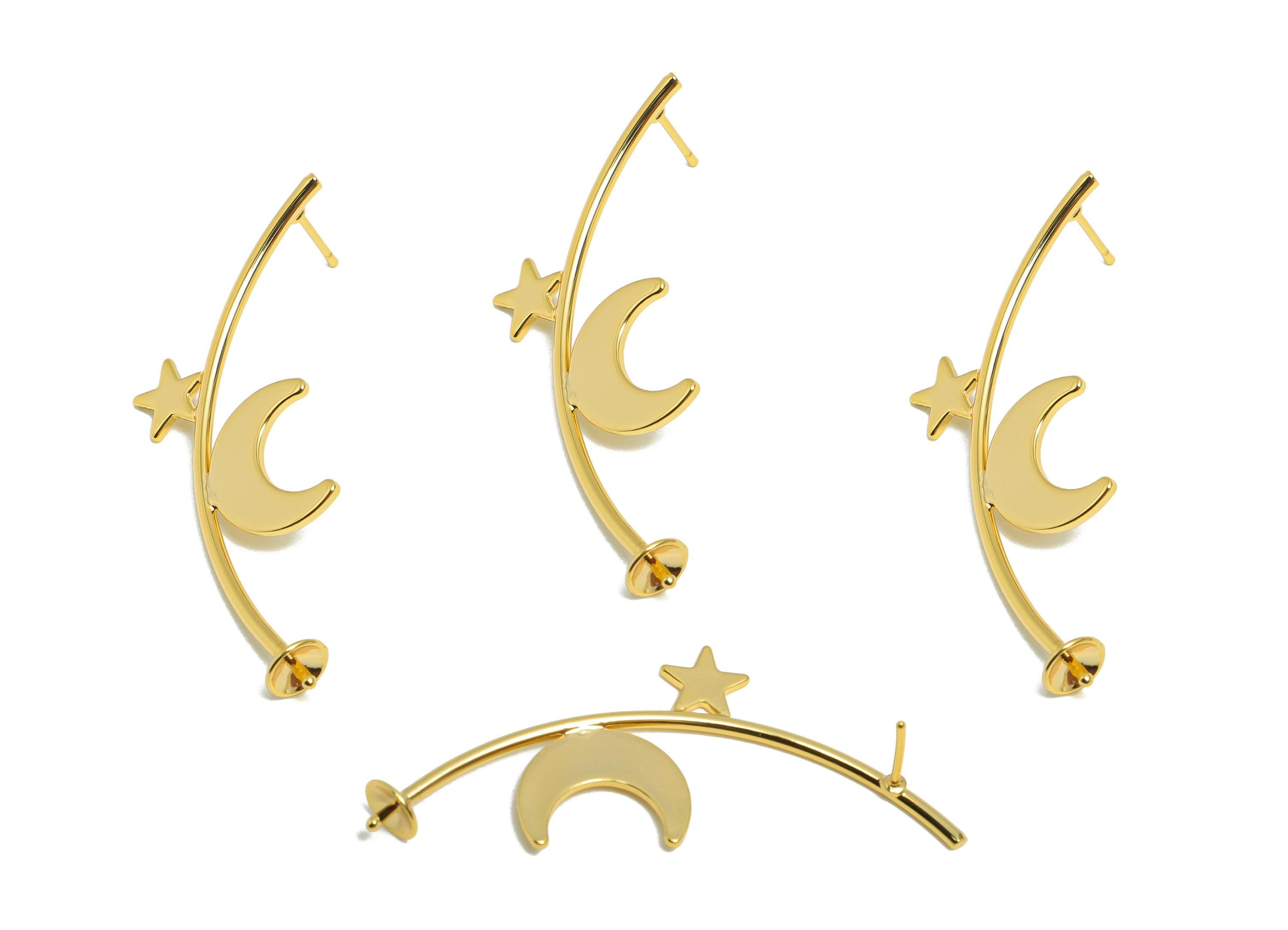 Brass Moon Star Earring Post - Brass Lunar Earring For Women - Fashion Dangle Earring For Pearl - 18K Real Gold Plated - 51x23x1mm -RGP10438 - DOMEDBAZAAR