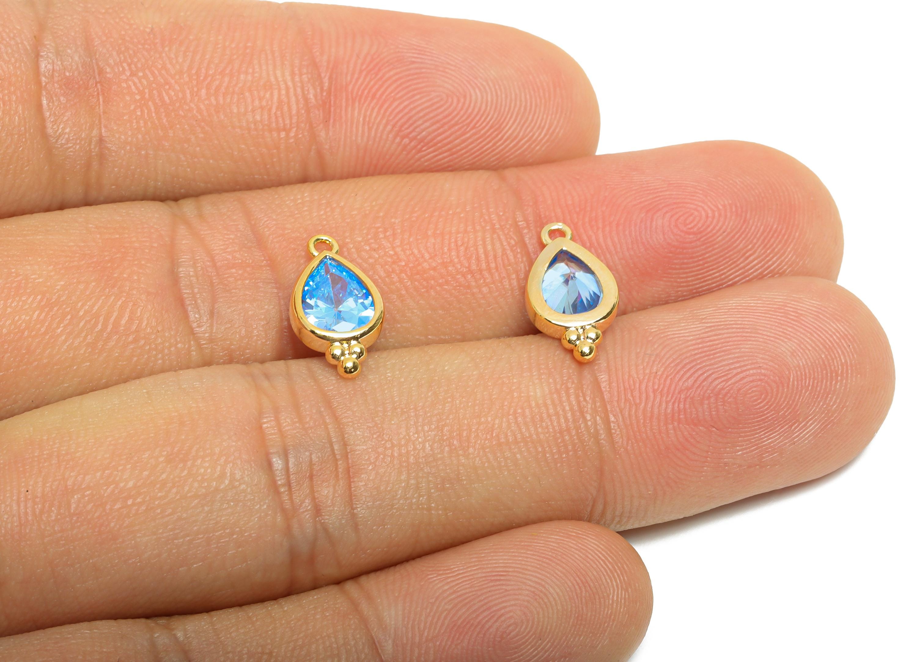 Brass Teardrop Zircon Charm - Shiny Blue Faceted Zircon Pendant for Necklace - For Craft Making - 18K Real Gold Plated - 14x7x3mm - RGP11057 - DOMEDBAZAAR