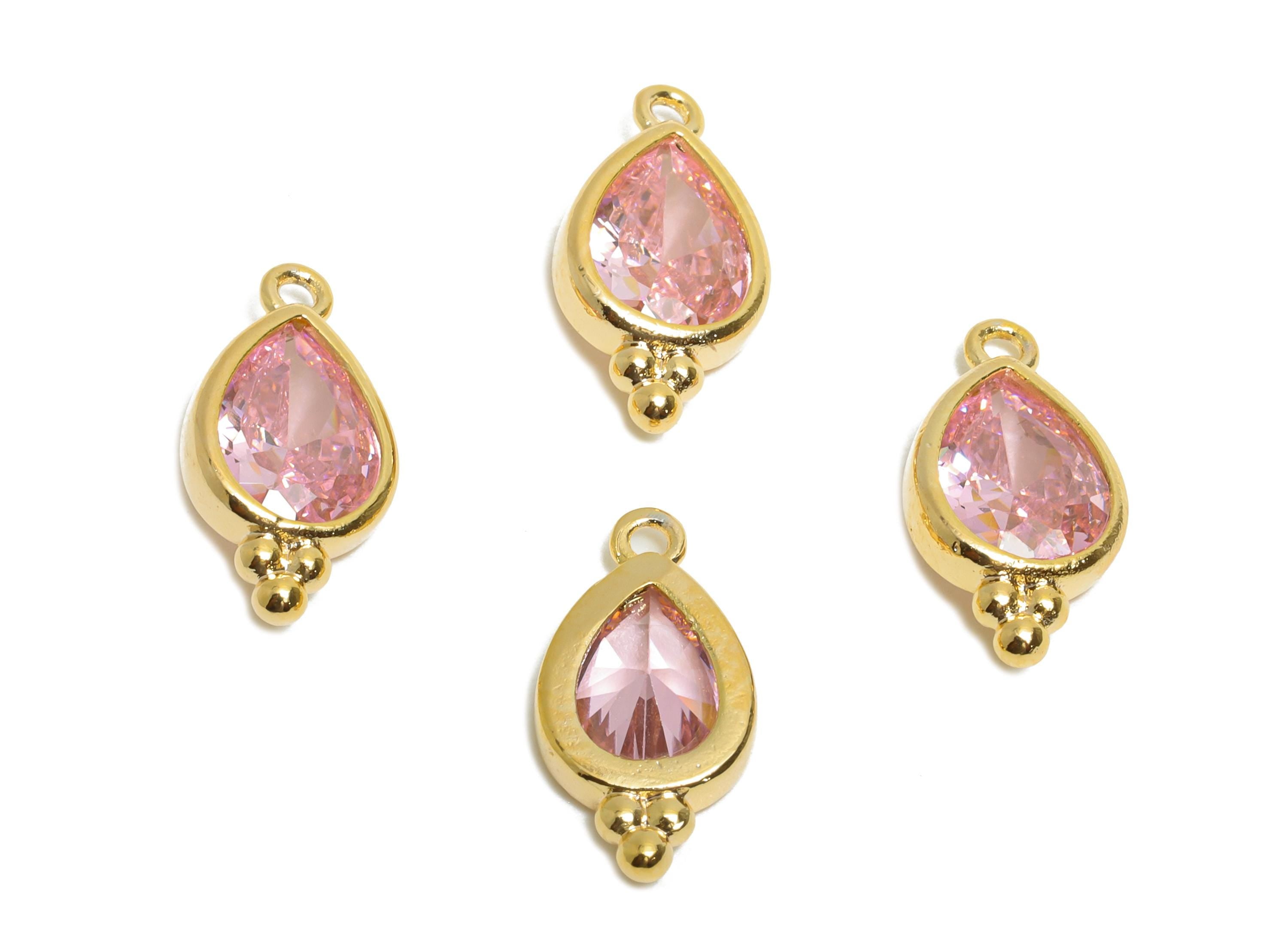 Brass Teardrop Zircon Charm - Dainty Pink Faceted Zircon Necklace Pendant - DIY Jewelry Making - 18K Real Gold Plated - 14x7x3mm - RGP11058 - DOMEDBAZAAR