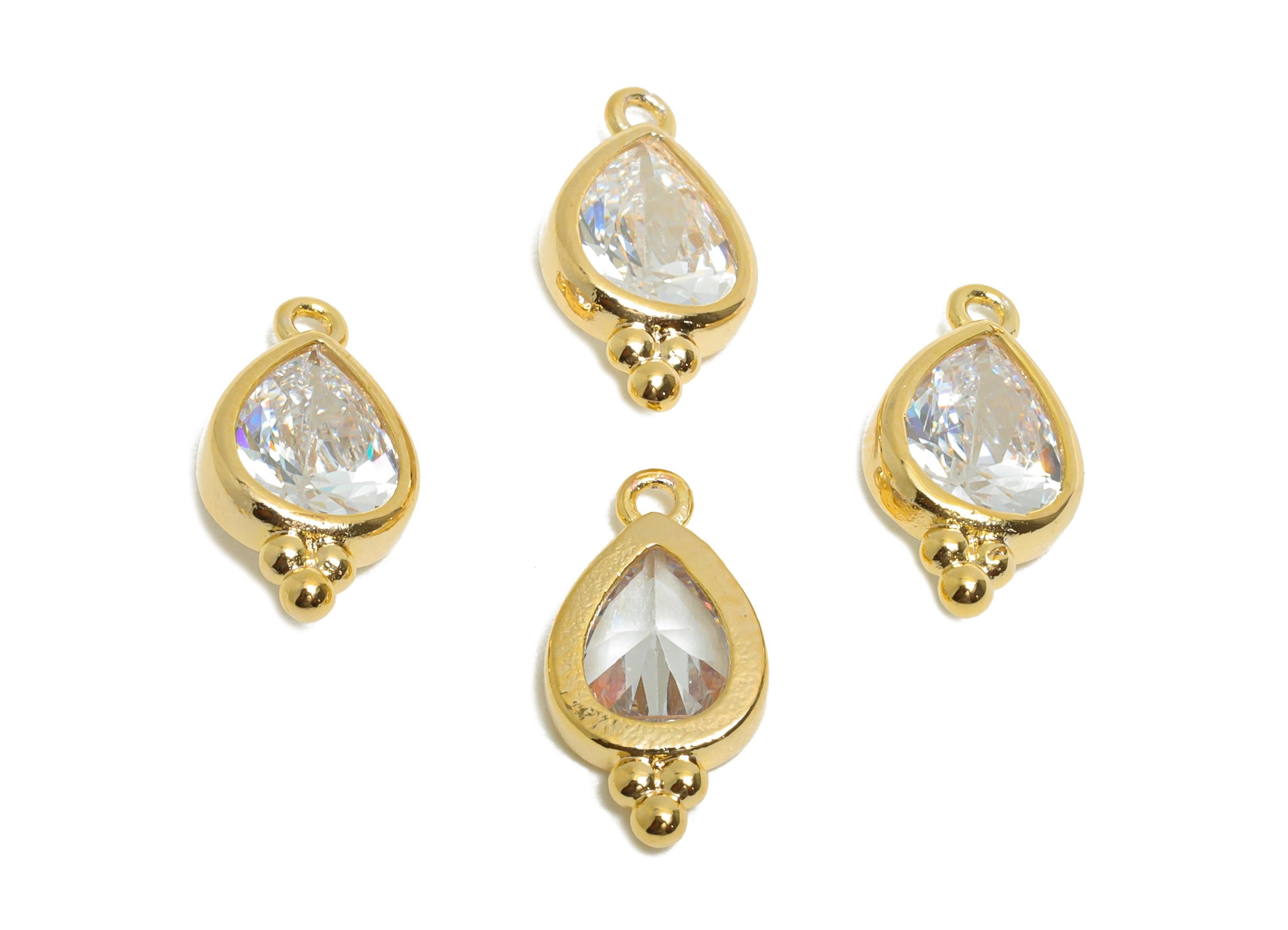 Brass Teardrop Zircon Charm - Sparkling Faceted Zircon Pendant for Necklace - For Craft Making - 18K Real Gold Plated - 14x7x3mm - RGP11059 - DOMEDBAZAAR